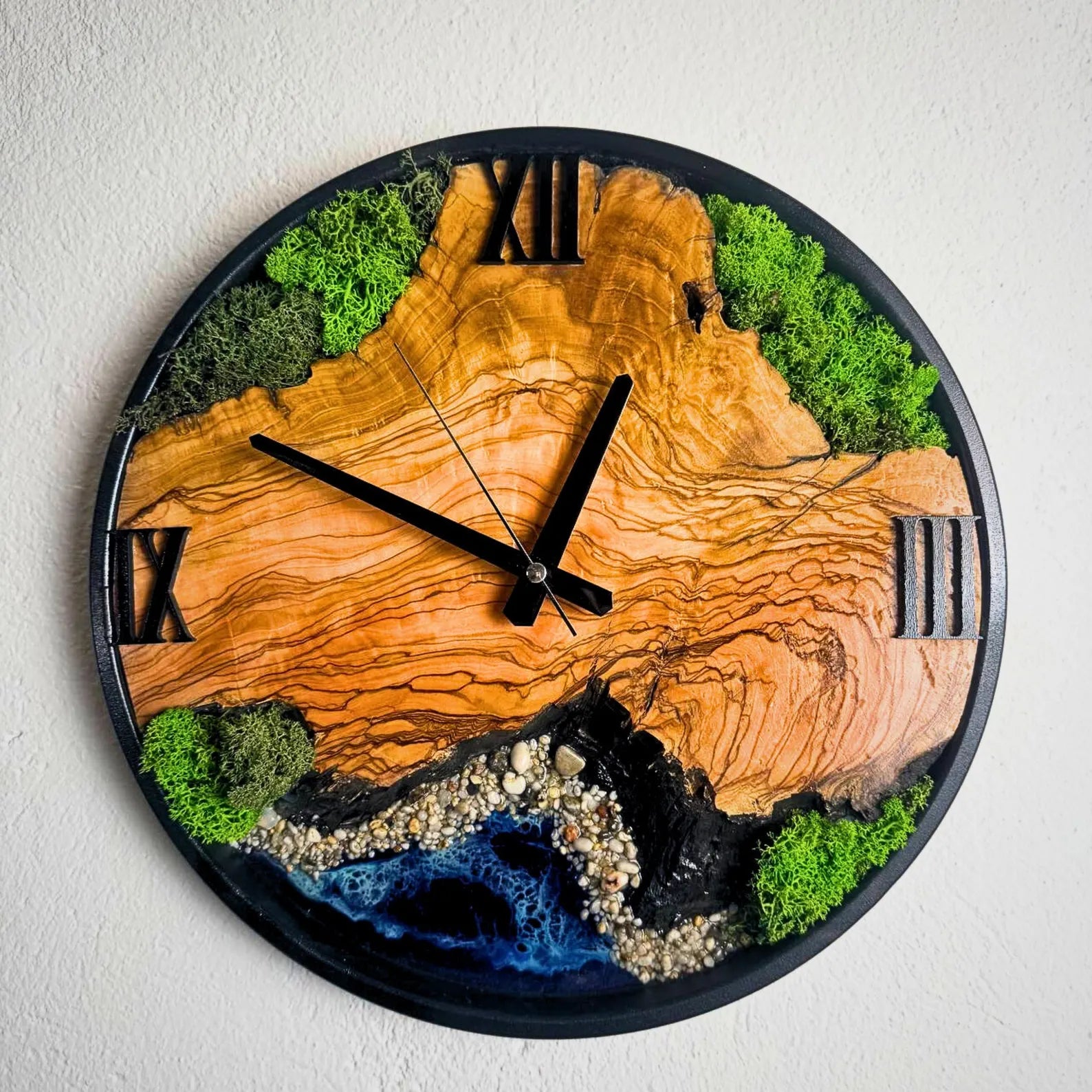 Epoxy Resin Moss Wall Clock – Sea Wave Olive Tree Design, Large Metal Frame Decor