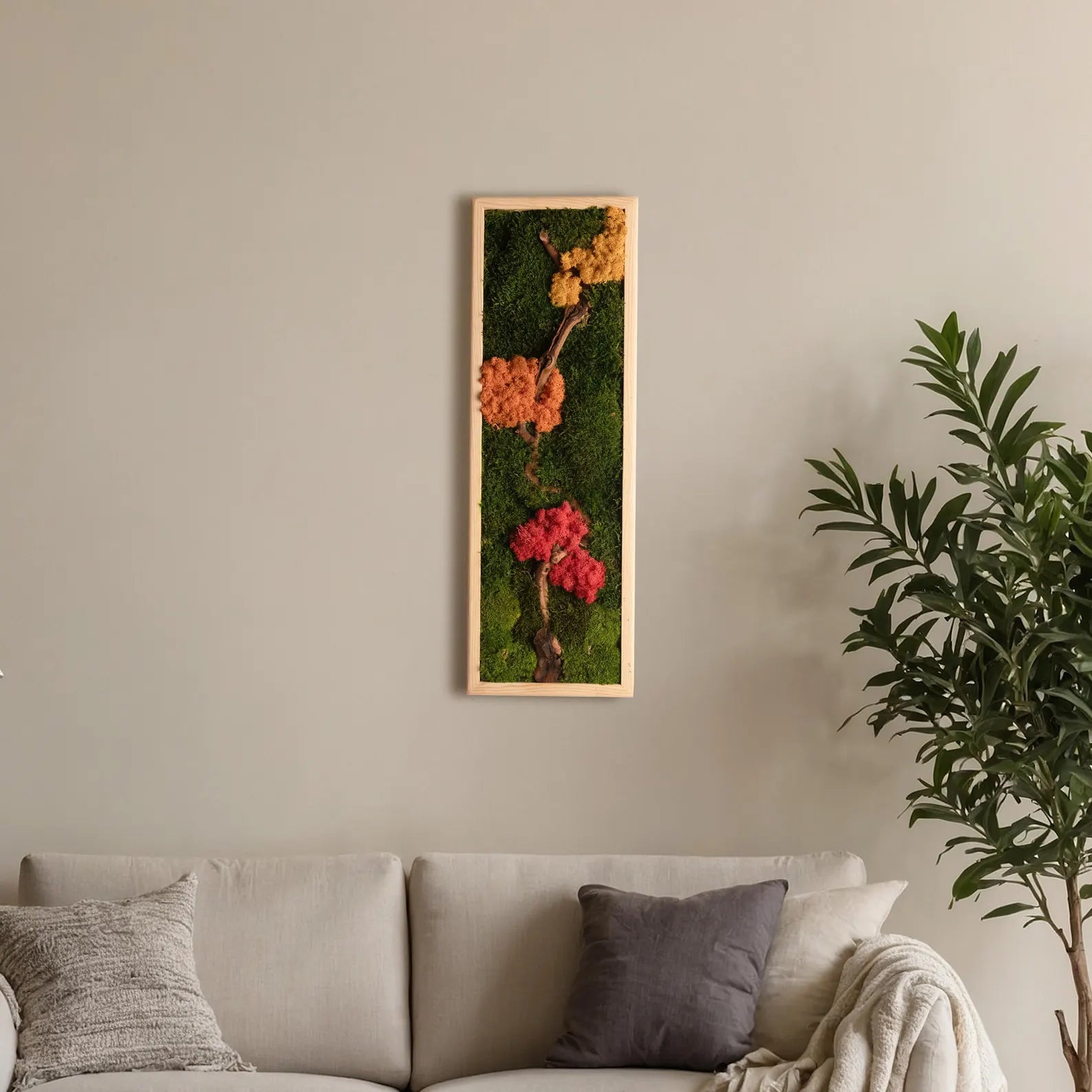 Colorful Moss and Bonsai Wood Wall Art – Vertical Wooden Frame Nature-Inspired Living Room Decor