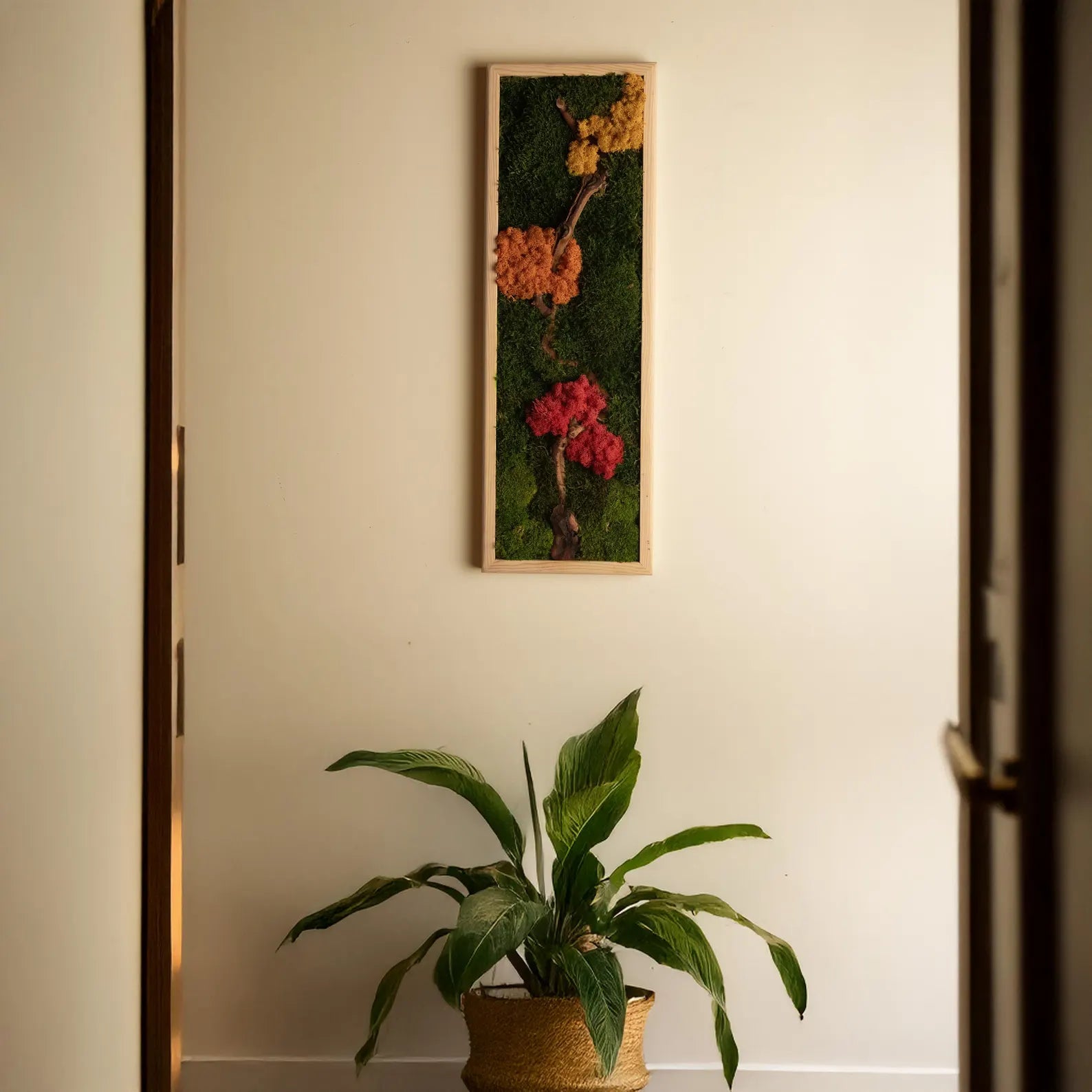 Colorful Moss and Bonsai Wood Wall Art – Vertical Wooden Frame Nature-Inspired Living Room Decor