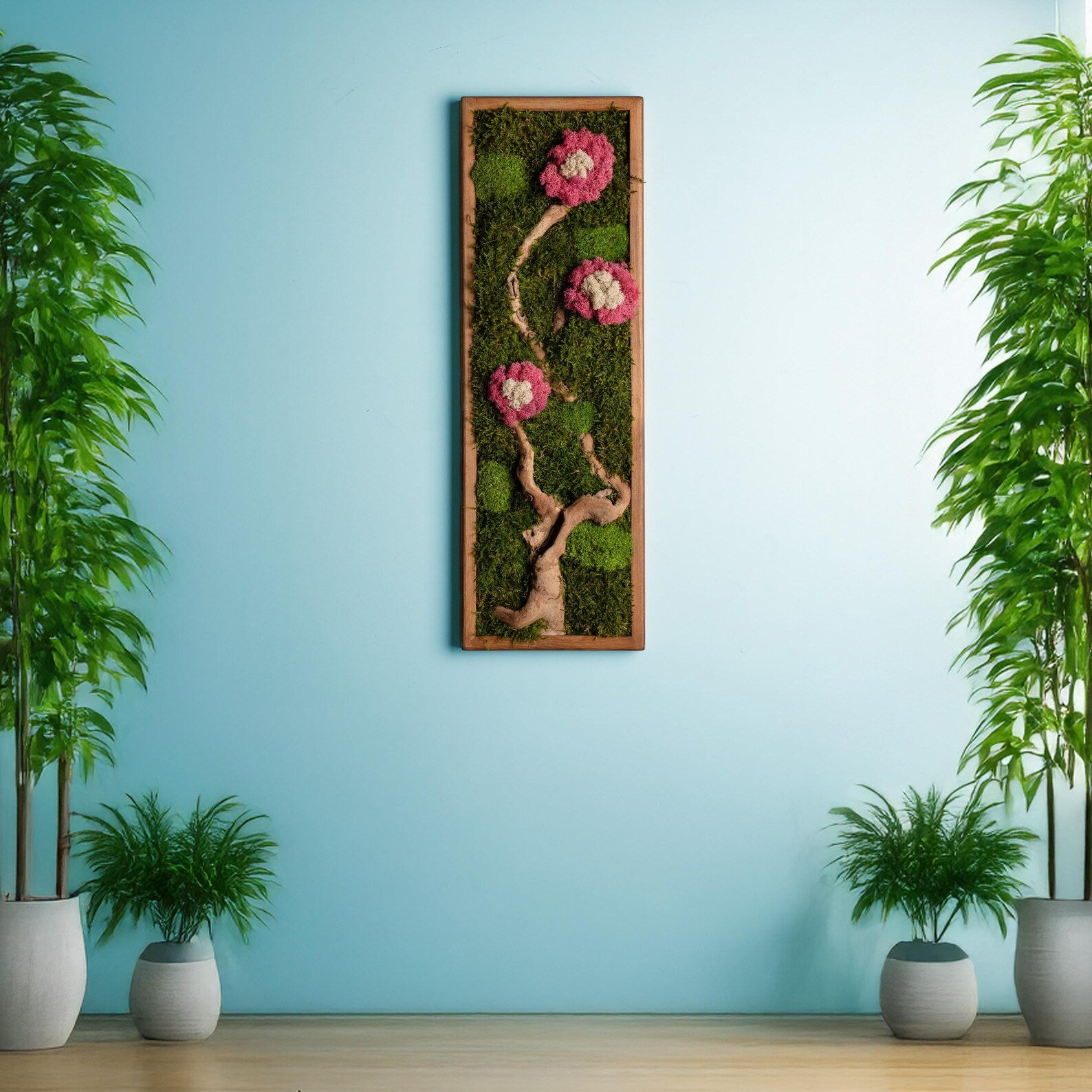 Colorful Moss & Bonsai Wood Wall Art – Preserved Moss Home Decor Gift