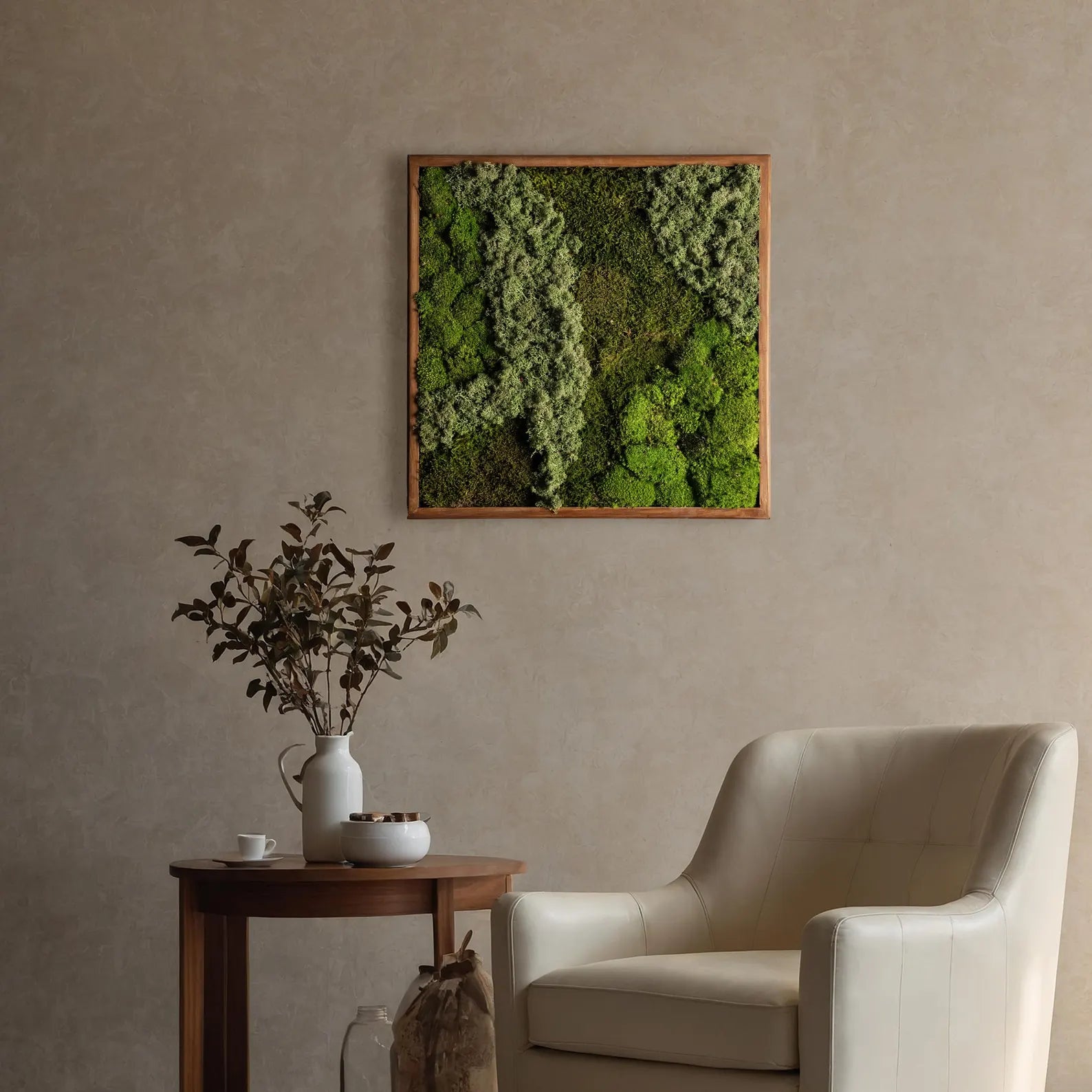Preserved Moss Wall Art – Natural Wood Greenery Wall Decor, Rustic Home Artwork
