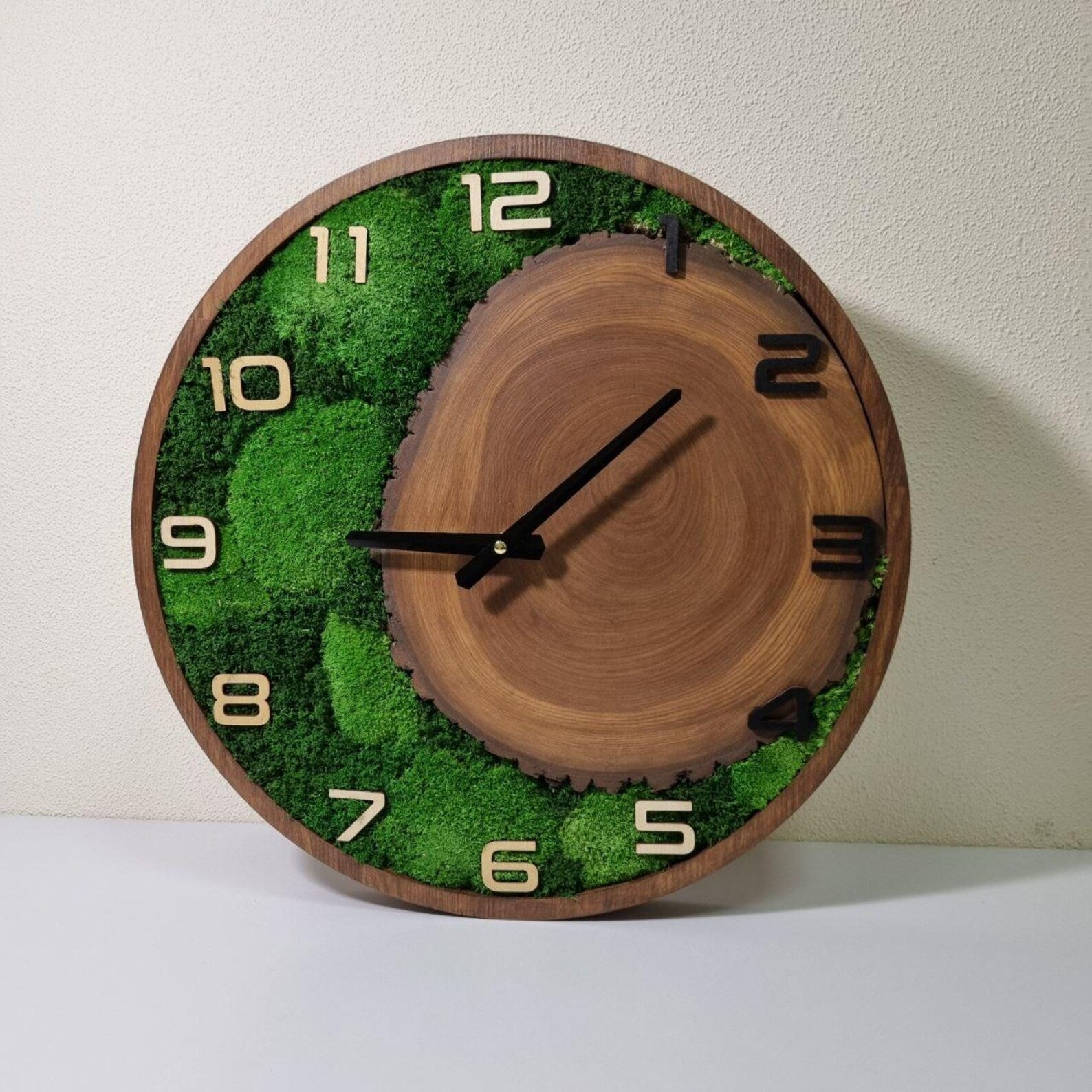 12" Rustic Moss Wall Clock – Silent Quartz Round Wooden Clock for Home Décor