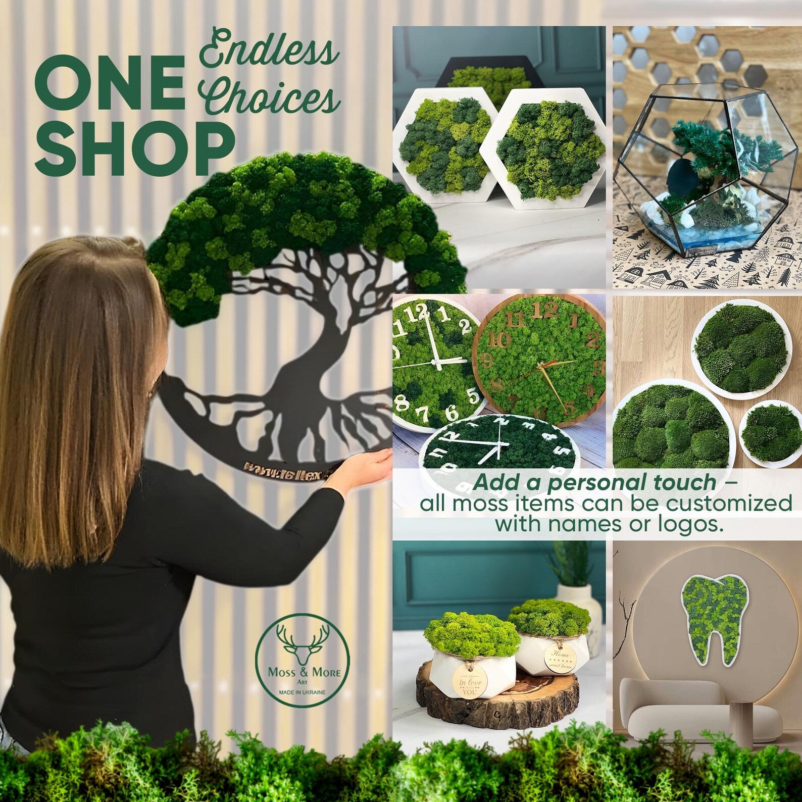 Moss Tree Wall Art – Tree of Life Wooden Wall Decor – Large Green Eco Home Decoration
