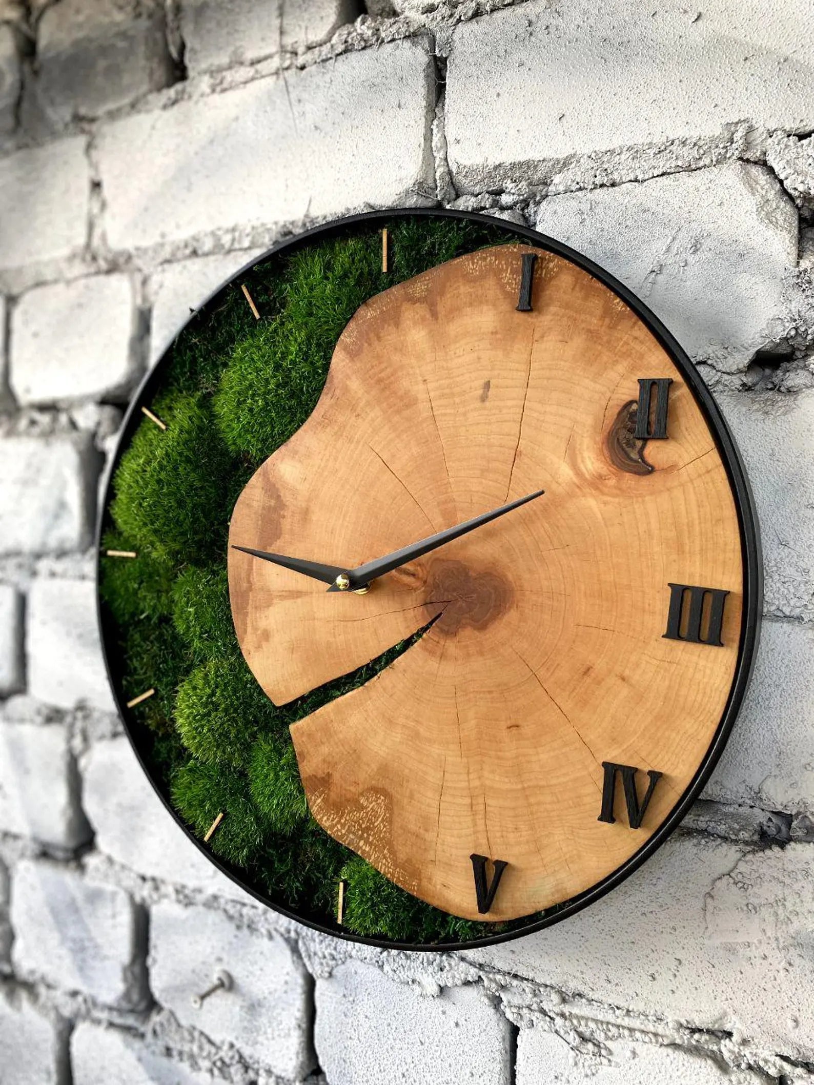 Handcrafted Wood and Moss Wall Clock – Silent Rustic Wall Decor for Home