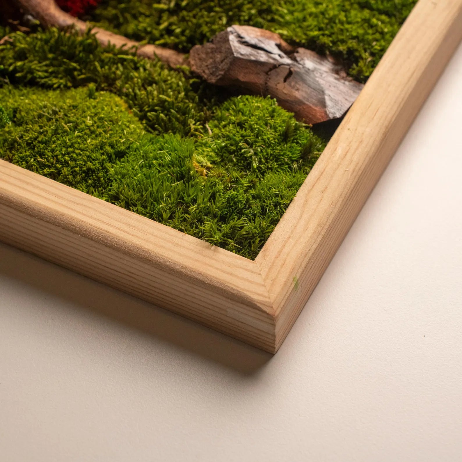 Colorful Moss and Bonsai Wood Wall Art – Vertical Wooden Frame Nature-Inspired Living Room Decor