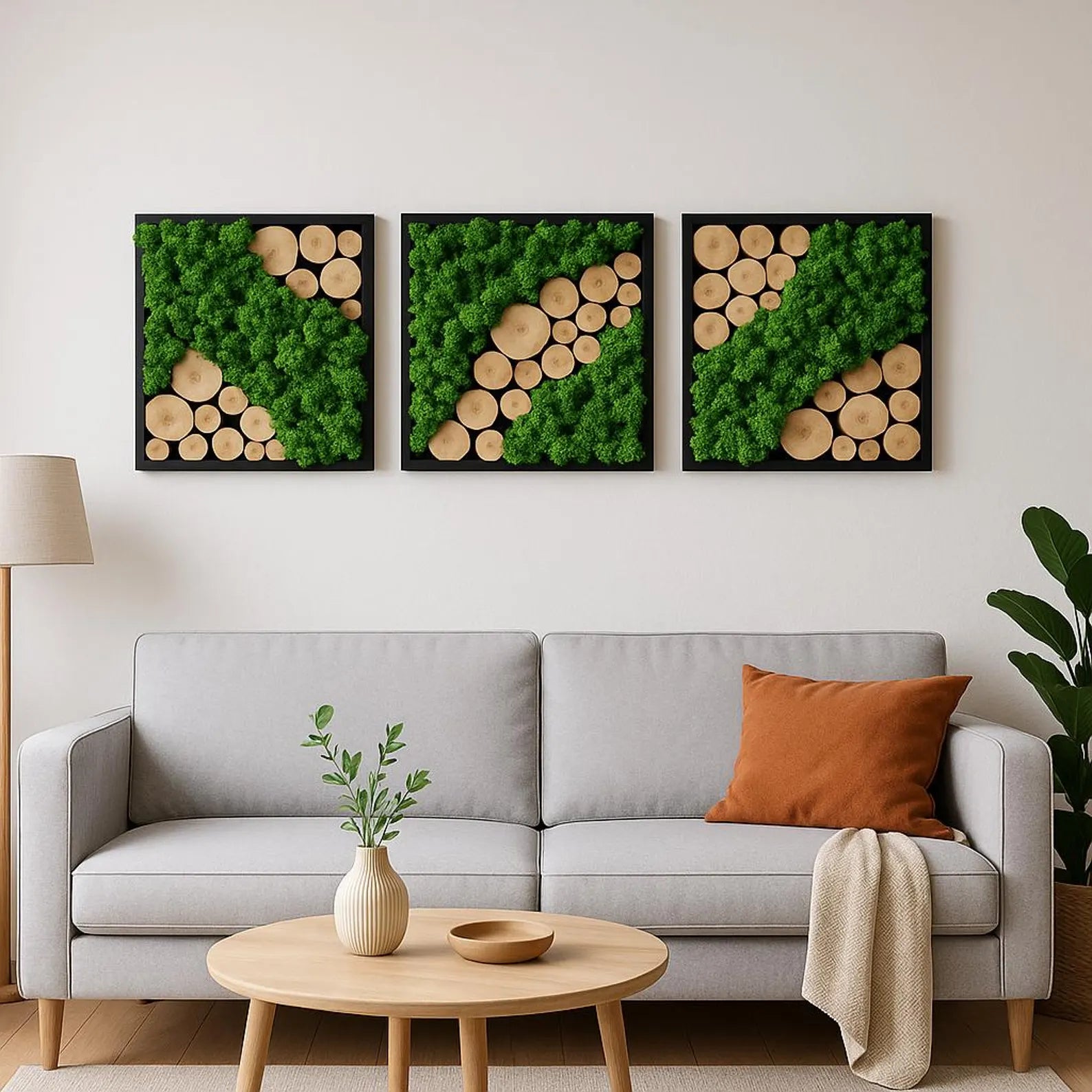 Preserved Moss Wall Art – Reindeer Moss & Wood Slice Design | Eco-Friendly Greenery Home Wall Decor