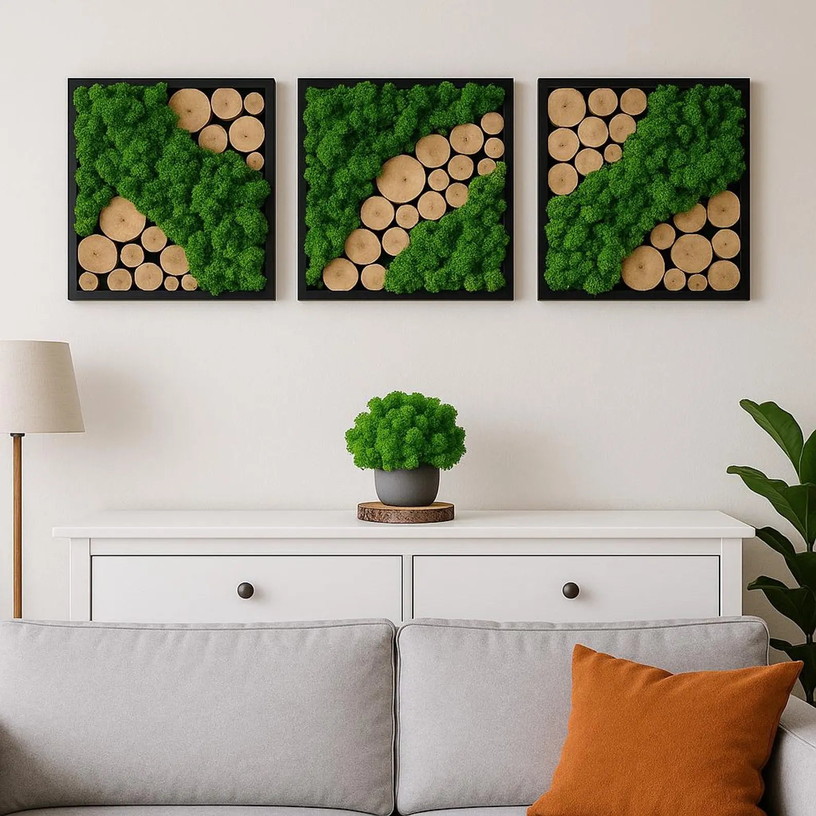 Preserved Moss Wall Art – Reindeer Moss & Wood Slice Design | Eco-Friendly Greenery Home Wall Decor