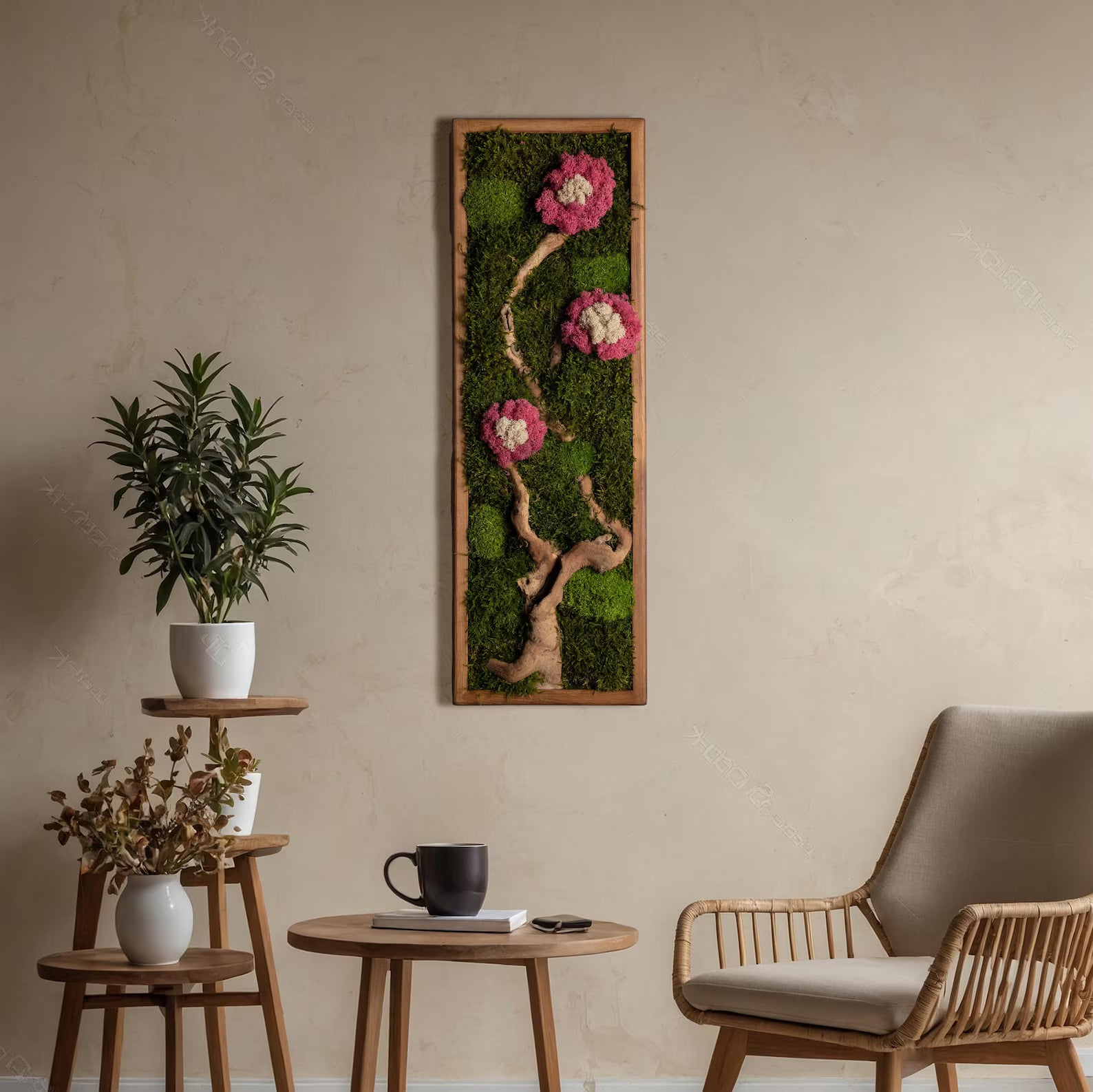 Colorful Moss & Bonsai Wood Wall Art – Preserved Moss Home Decor Gift