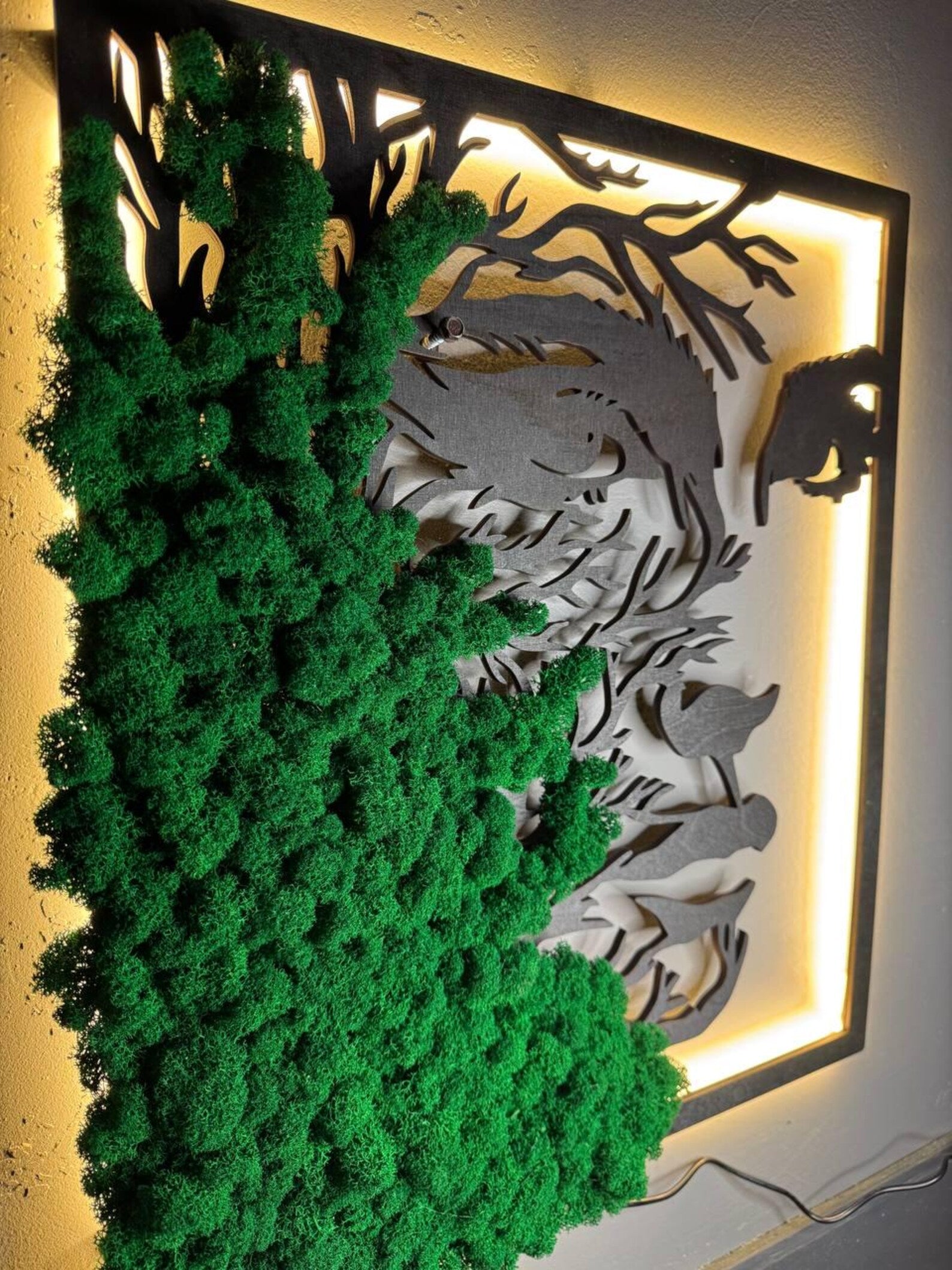 Unique Moss Wall Art with Light – Nature Decor for Living Room or Bedroom – Wooden Panel Modern Design