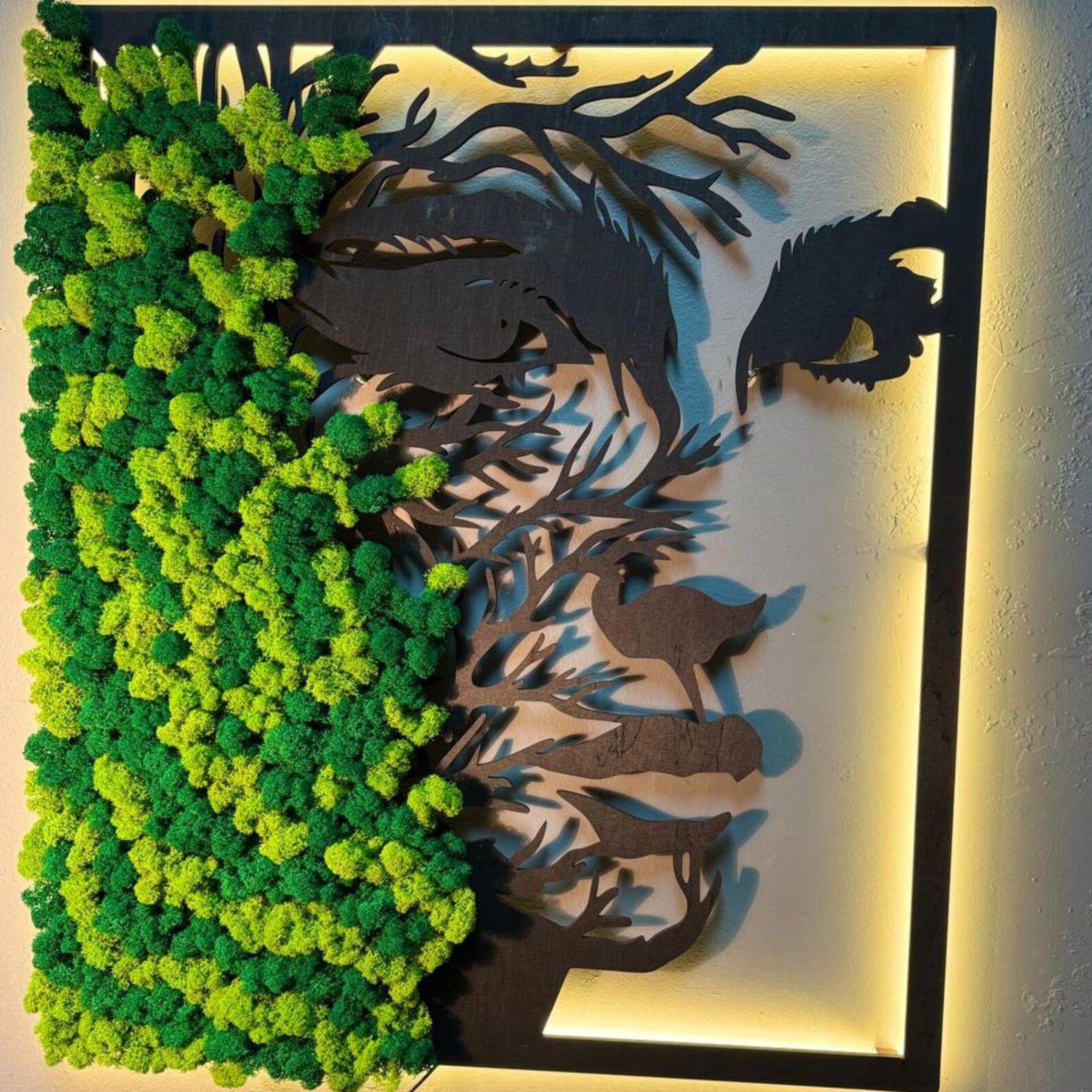 Unique Moss Wall Art with Light – Nature Decor for Living Room or Bedroom – Wooden Panel Modern Design