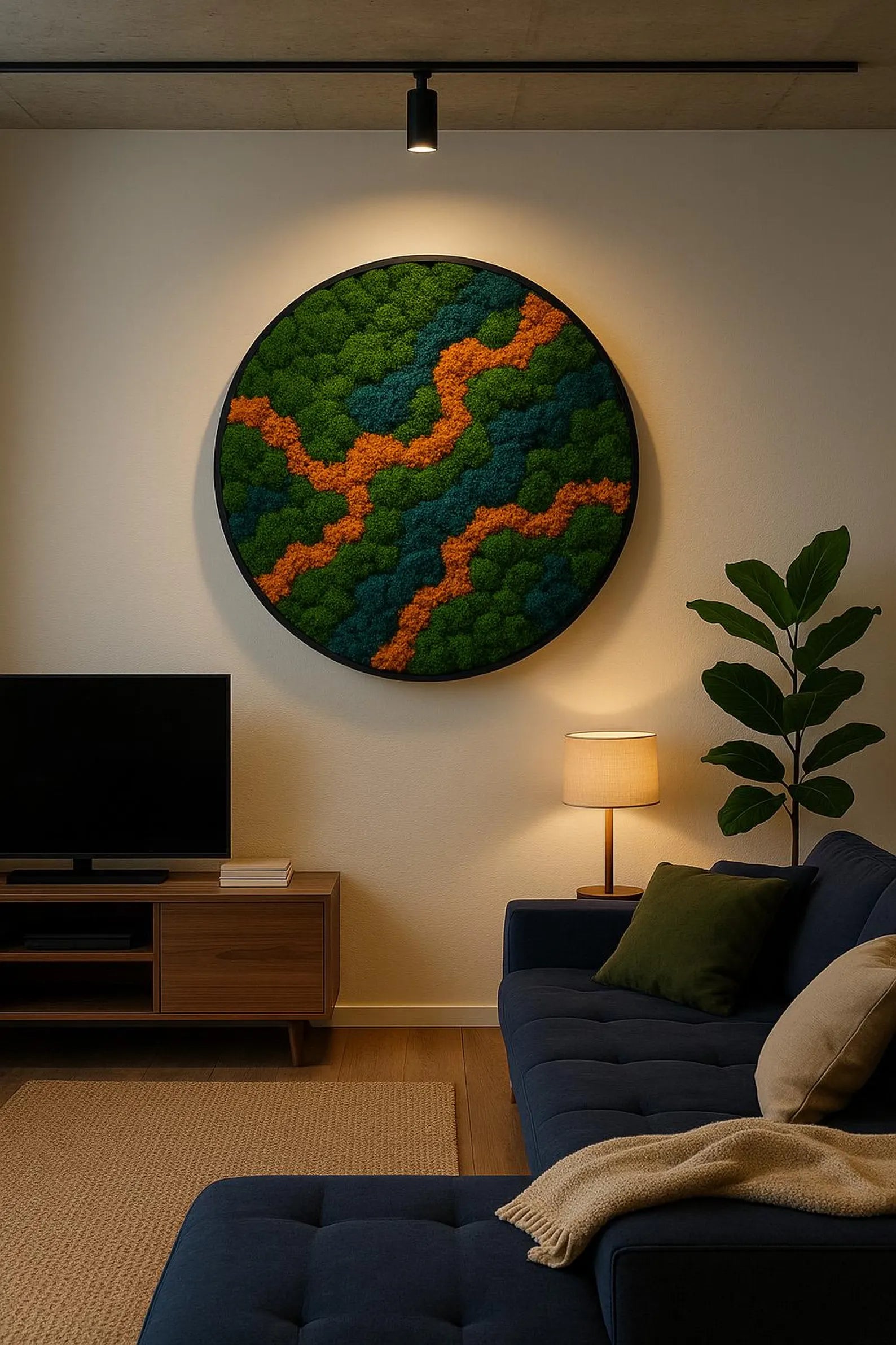 Extra Large Round Moss Wall Art – Natural Dried Preserved Moss with LED, Zen Wall Decor