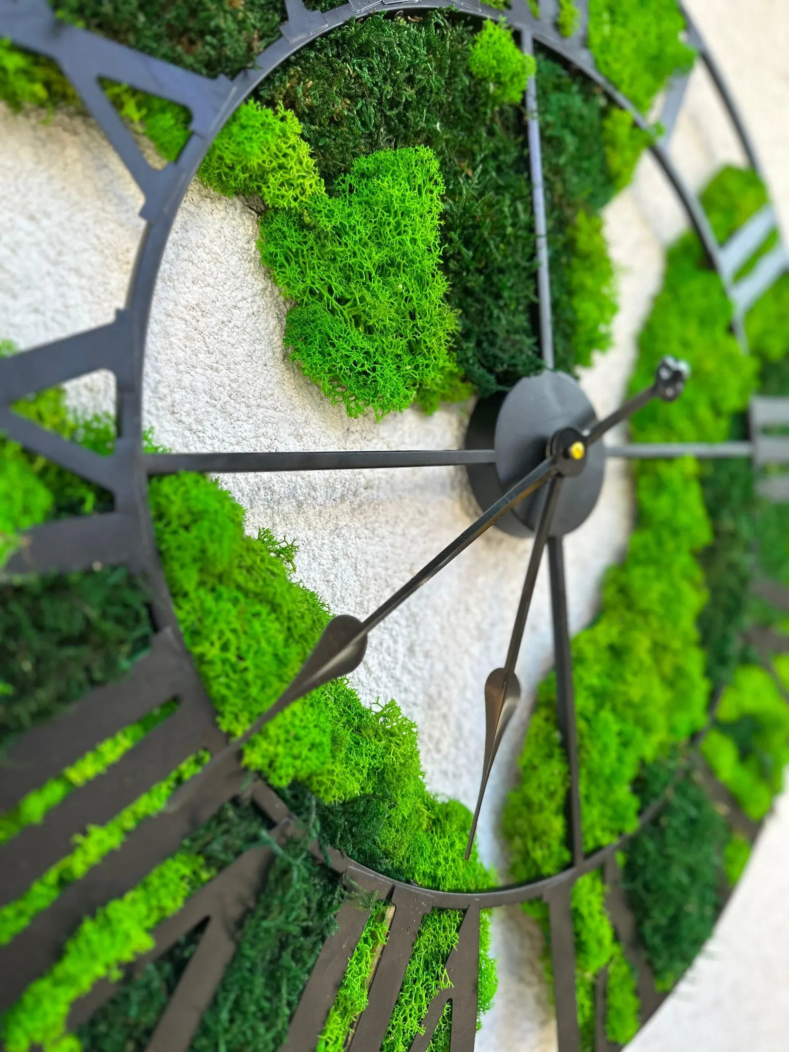 Modern Metal Clock with Moss and Lichen – Sustainable Living Wall Decor