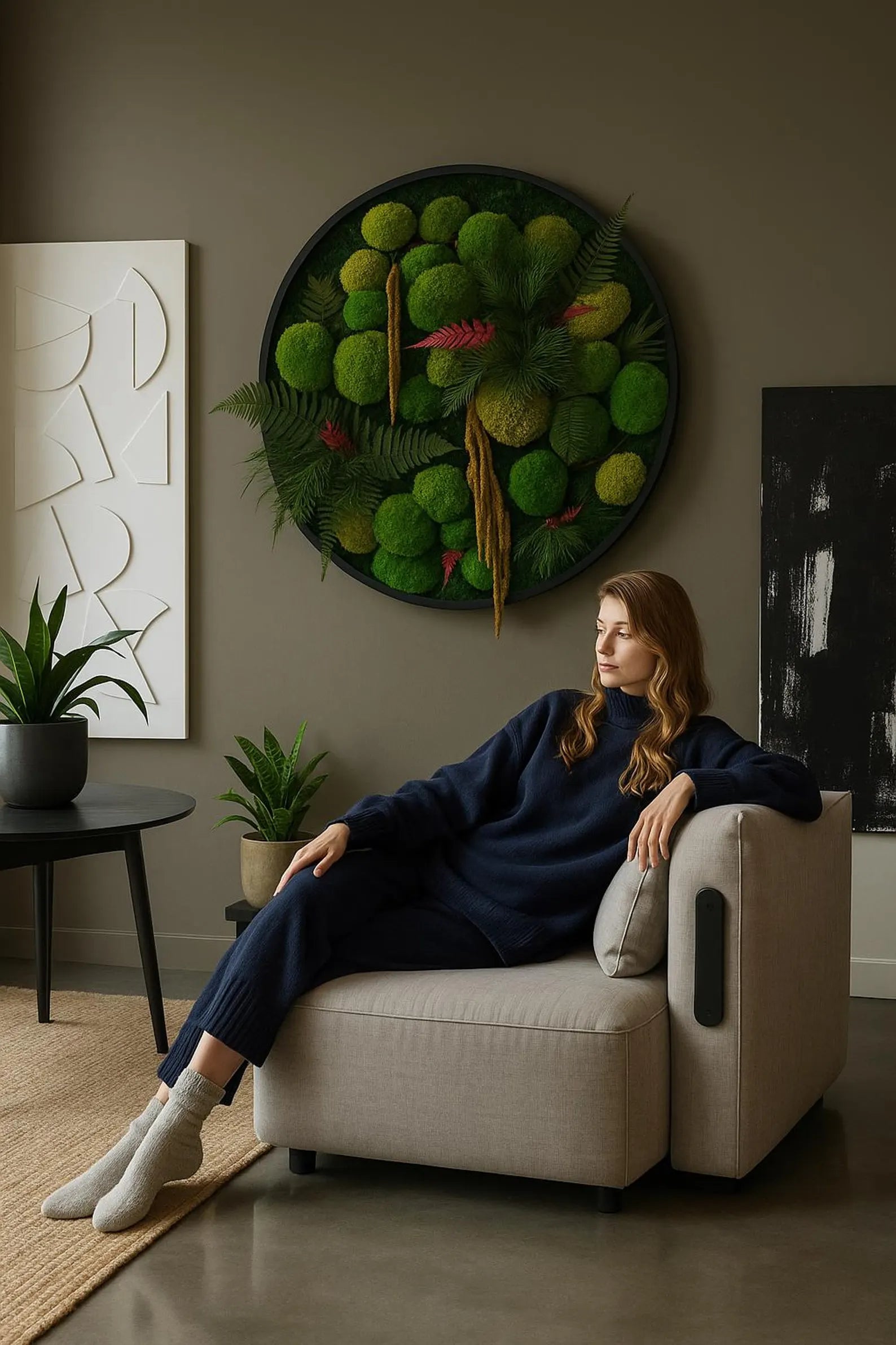 Extra Large Round Moss Wall Art with LED – Circle Framed Green Wall Decor, New Home Gift