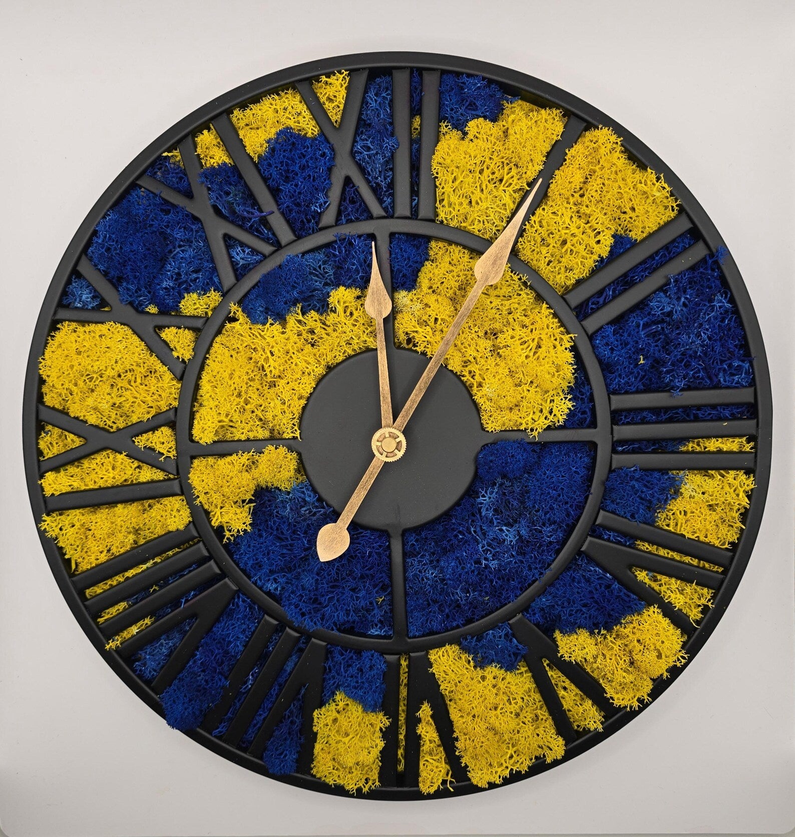 Blue & Yellow Moss Wall Clock – Unique Handmade Scandinavian Natural Home Decor