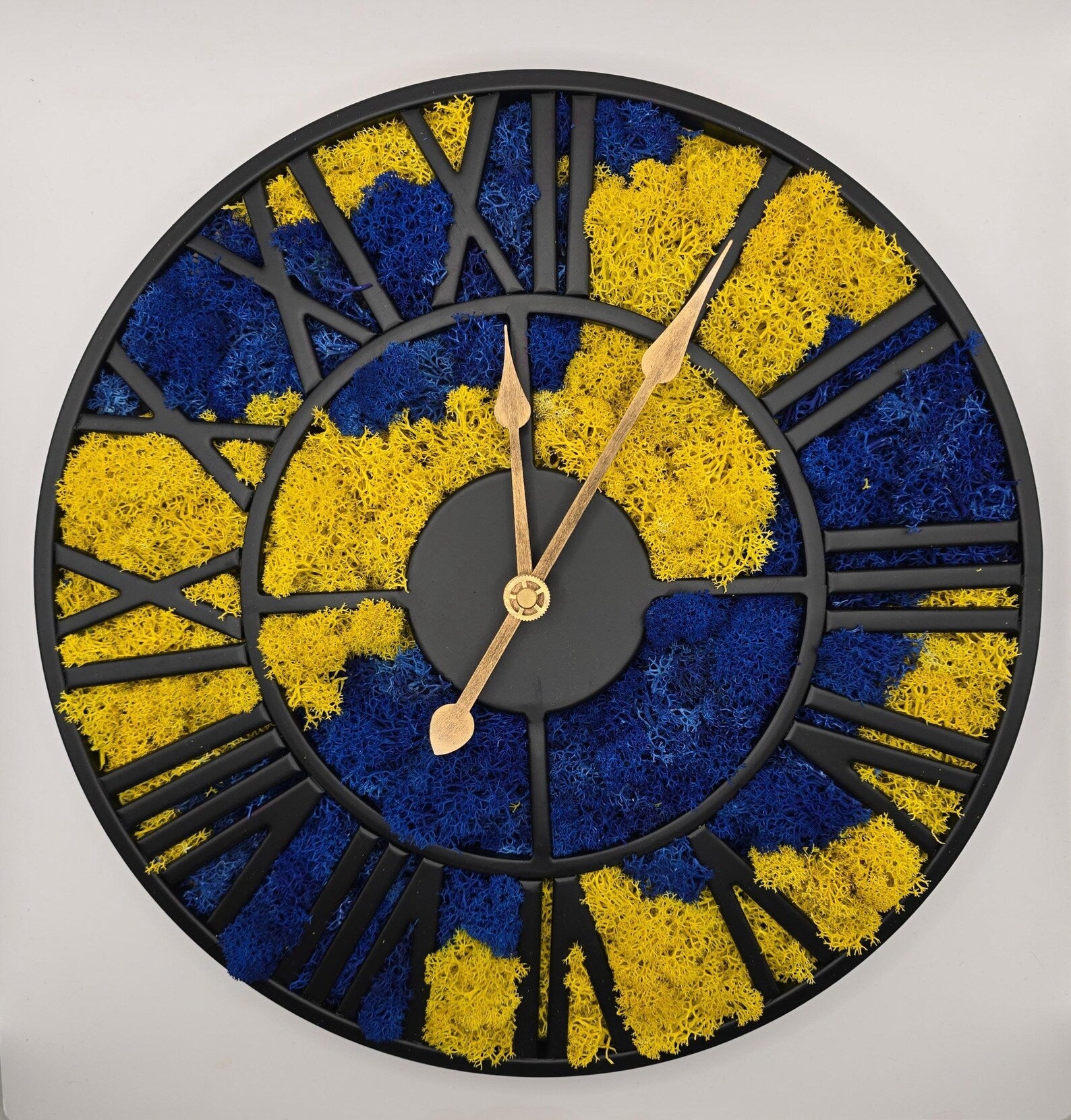 Blue & Yellow Moss Wall Clock – Unique Handmade Scandinavian Natural Home Decor