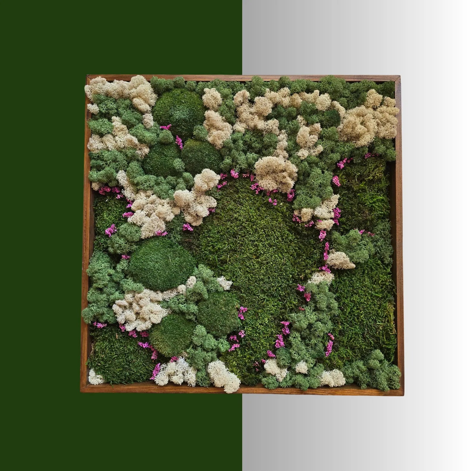 Preserved Moss Wall Art Panel – Reindeer, Flat & Ball Moss | Handmade Biophilic Green Wall Decor