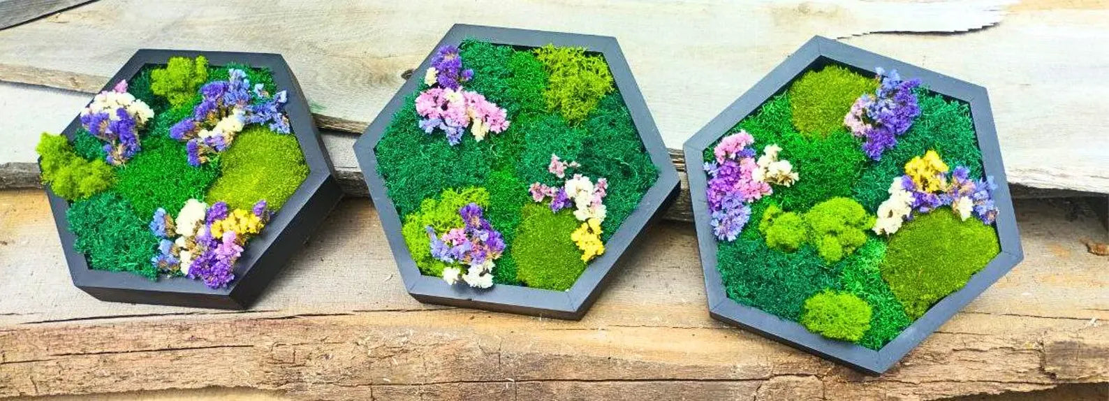 Moss Flower Hexagon Wall Panels – Handmade Preserved Moss Art, Honeycomb Living Wall Decor, Eco-Friendly Biophilic Gift