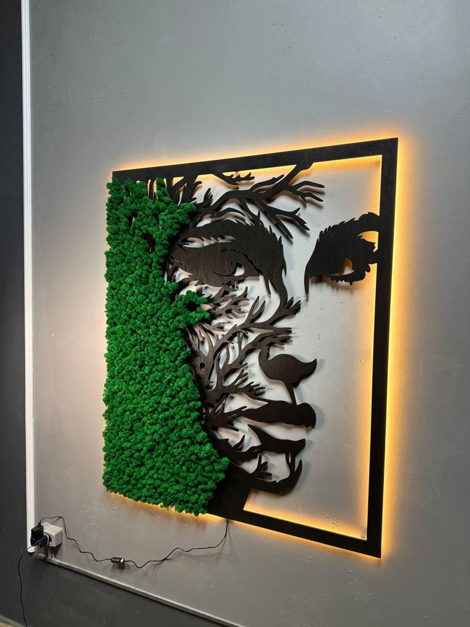 Unique Moss Wall Art with Light – Nature Decor for Living Room or Bedroom – Wooden Panel Modern Design