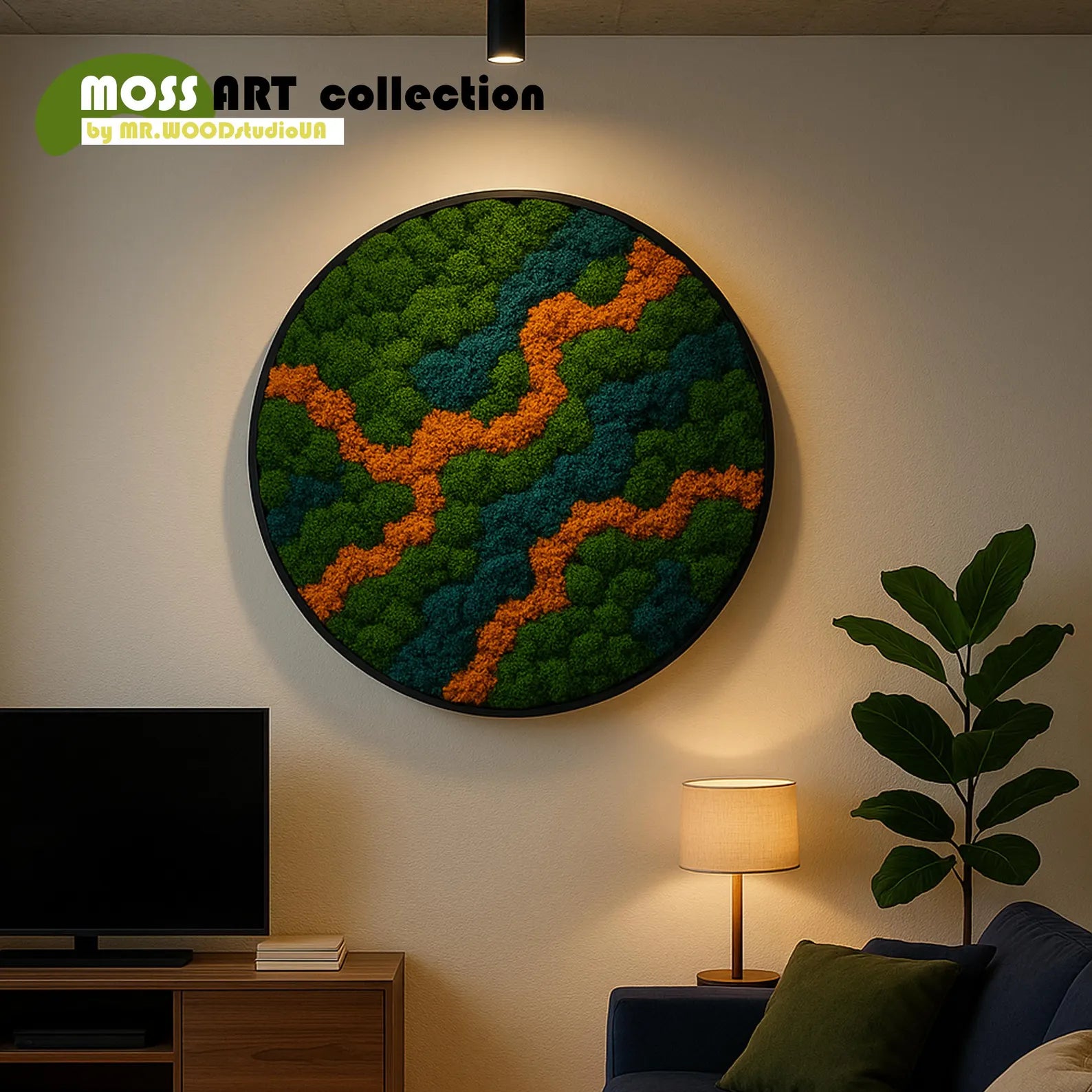 Extra Large Round Moss Wall Art – Natural Dried Preserved Moss with LED, Zen Wall Decor