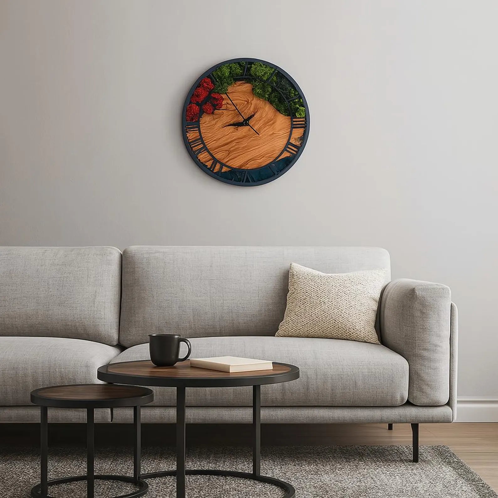 Round Moss Wood Wall Clock – Preserved Moss & Olive Tree Design – Natural Wood and Metal Art – Unique Home & Christmas Gift