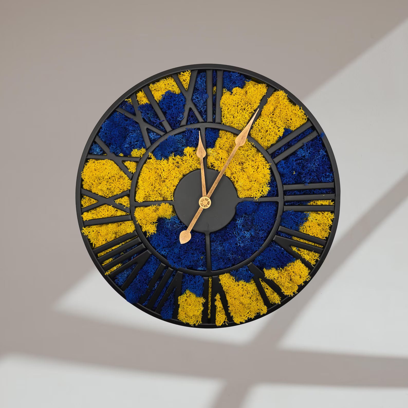 Blue & Yellow Moss Wall Clock – Unique Handmade Scandinavian Natural Home Decor