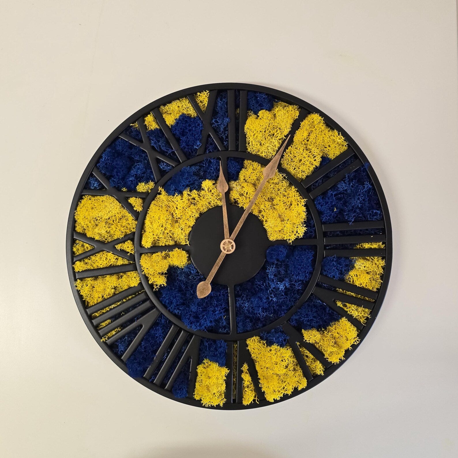 Blue & Yellow Moss Wall Clock – Unique Handmade Scandinavian Natural Home Decor