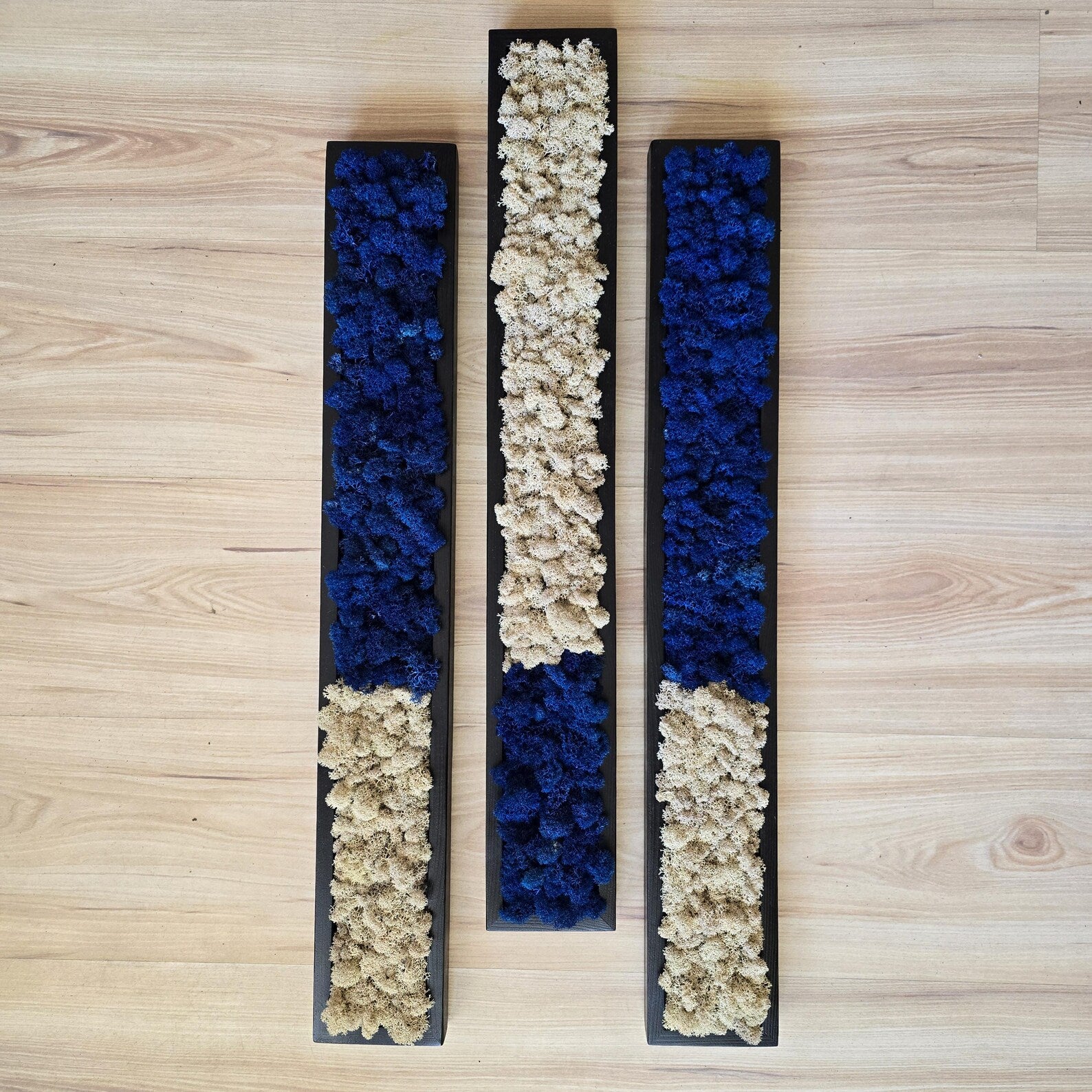 Set of 3 Preserved Moss Wall Panels – Blue & Beige Scandinavian Wall Art