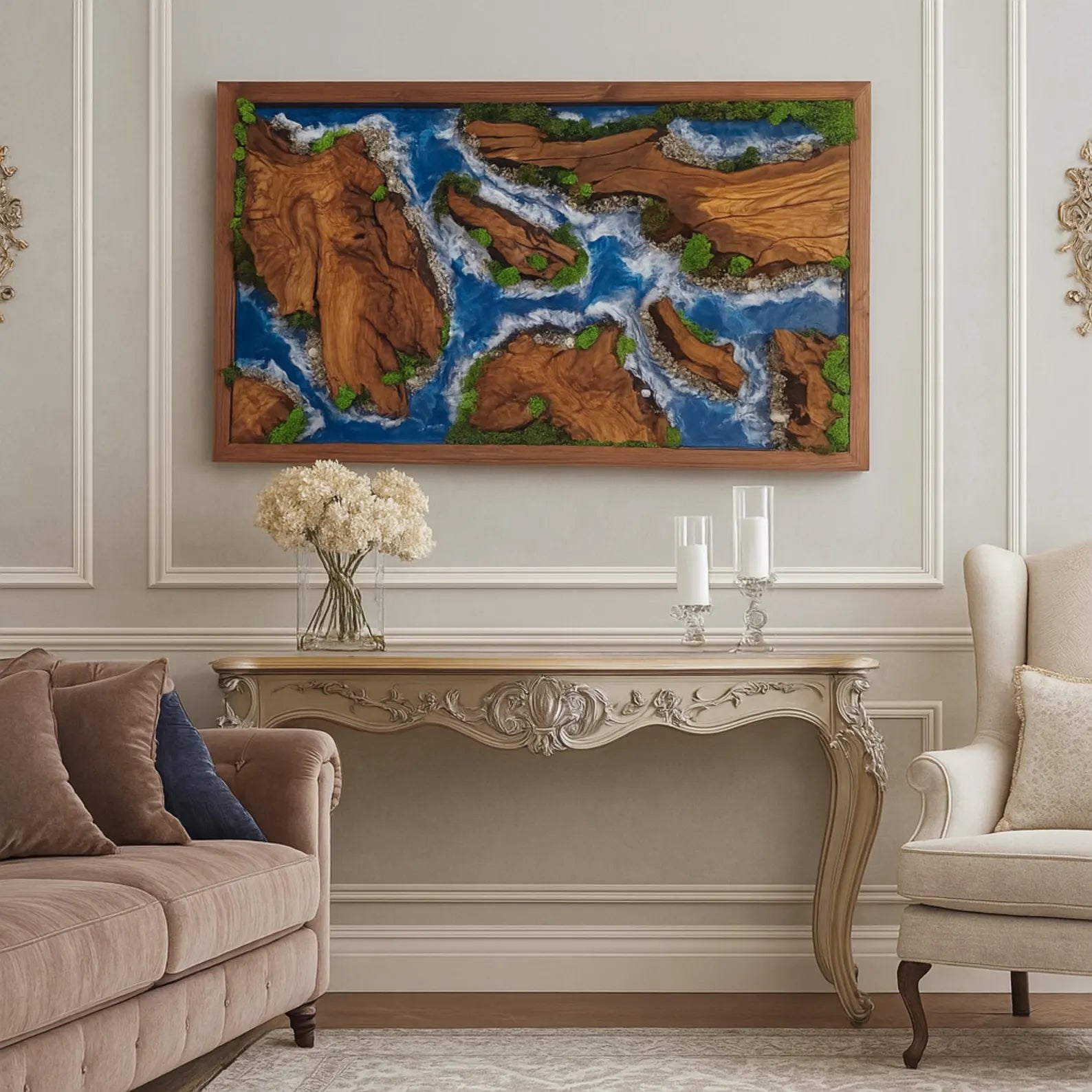 Epoxy Wood & Moss Wall Art – Unique Resin River Design for Modern Home Decor