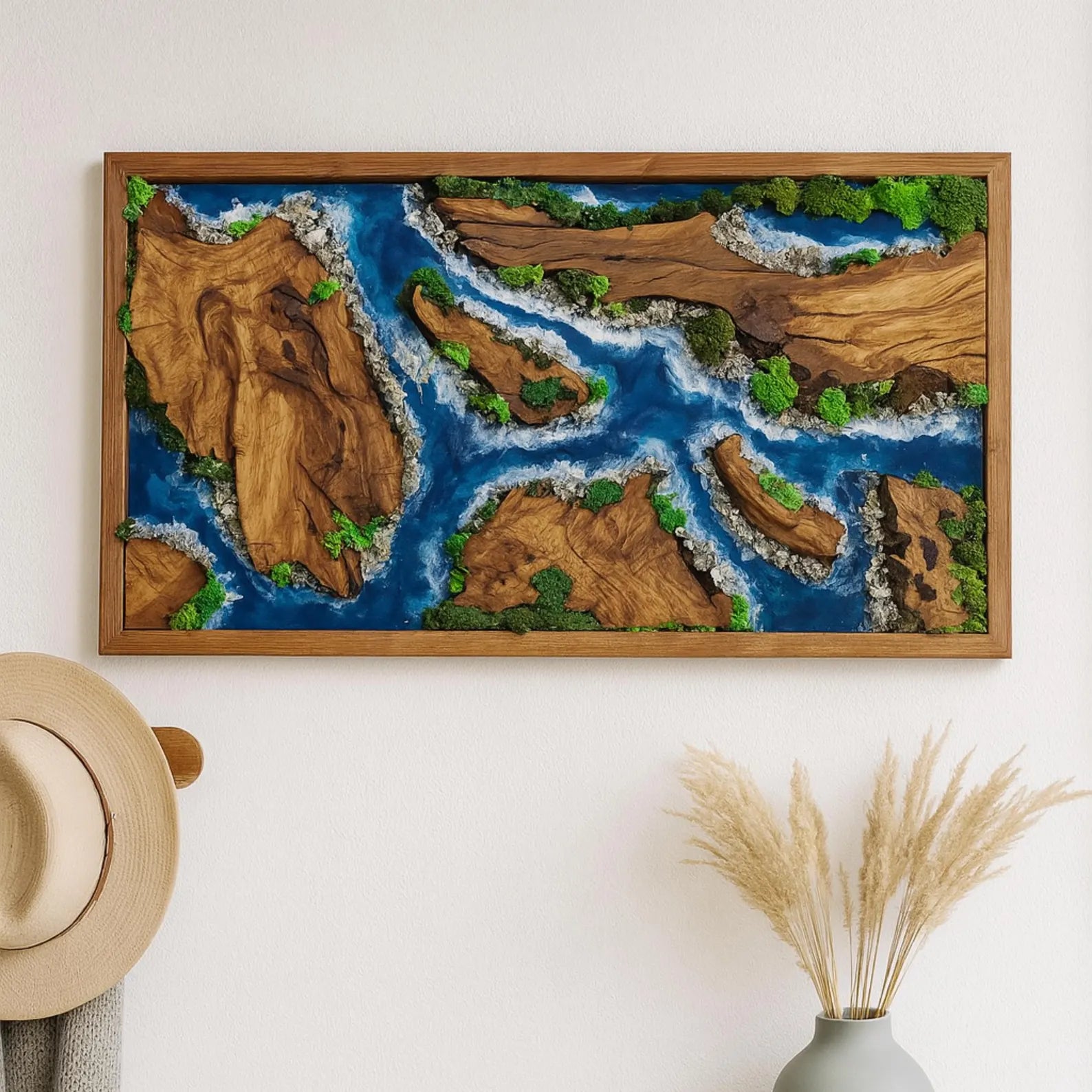 Epoxy Wood & Moss Wall Art – Unique Resin River Design for Modern Home Decor