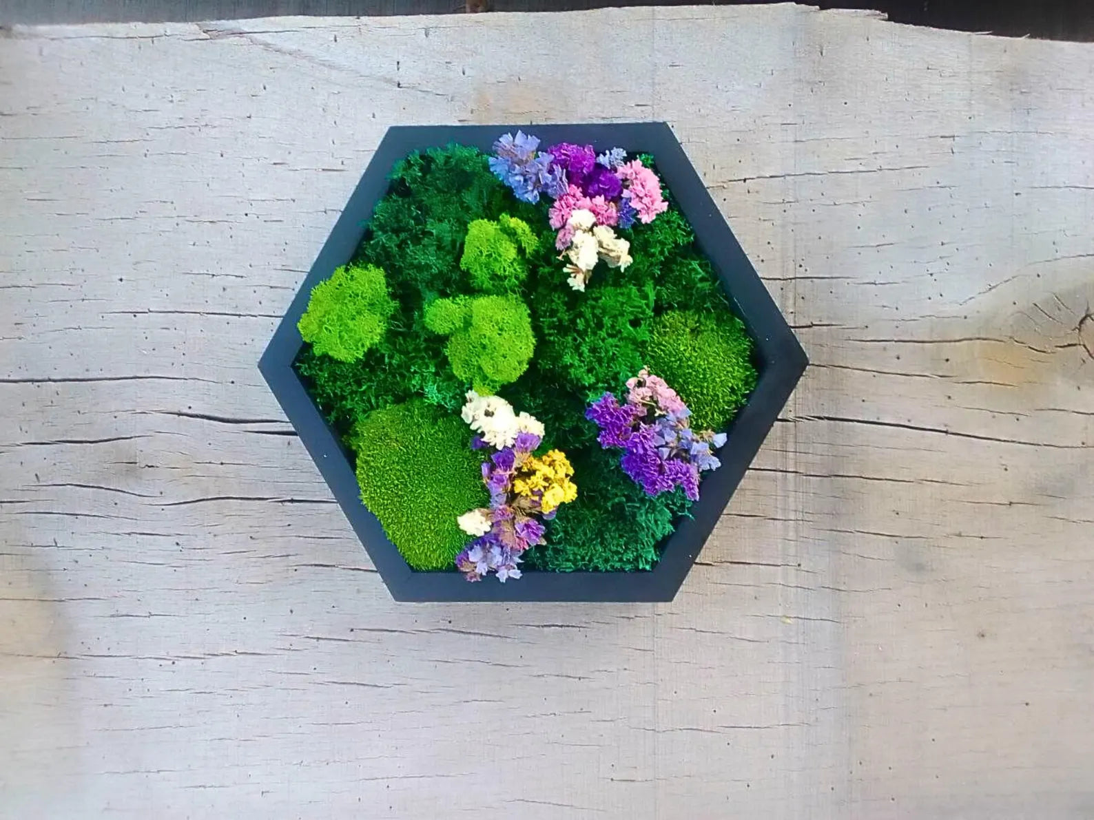 Moss Flower Hexagon Wall Panels – Handmade Preserved Moss Art, Honeycomb Living Wall Decor, Eco-Friendly Biophilic Gift