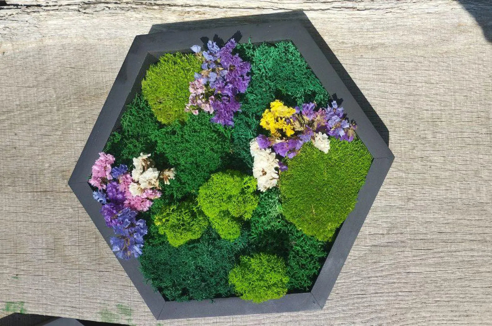 Moss Flower Hexagon Wall Panels – Handmade Preserved Moss Art, Honeycomb Living Wall Decor, Eco-Friendly Biophilic Gift