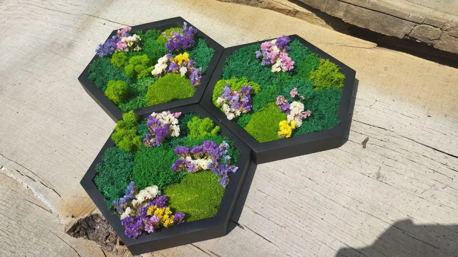Moss Flower Hexagon Wall Panels – Handmade Preserved Moss Art, Honeycomb Living Wall Decor, Eco-Friendly Biophilic Gift
