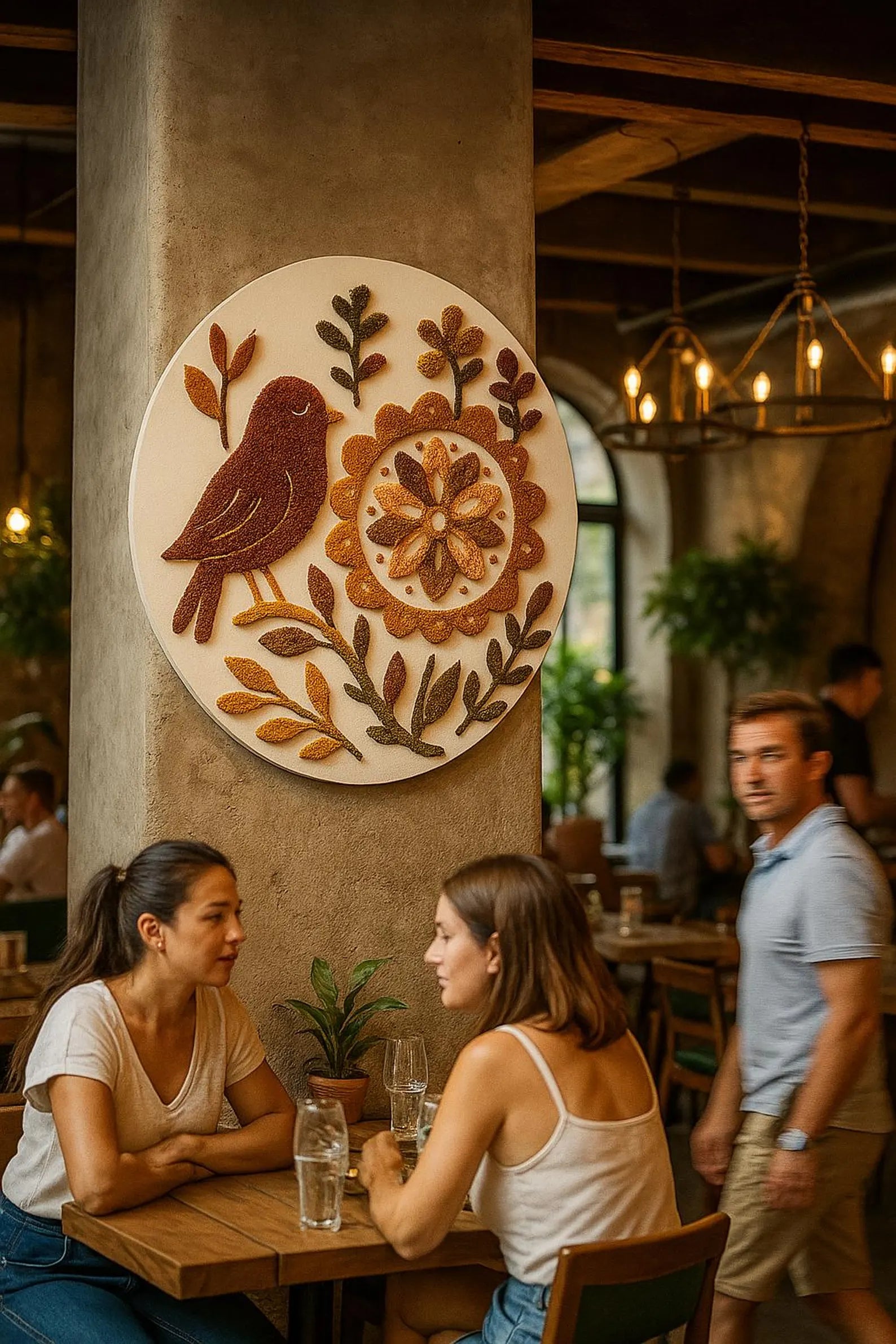 Round Poppy Heart Moss Wall Art – Preserved Moss Panel with Red Floral Folk Design, Rustic Statement Wall Decor for Home or Restaurant