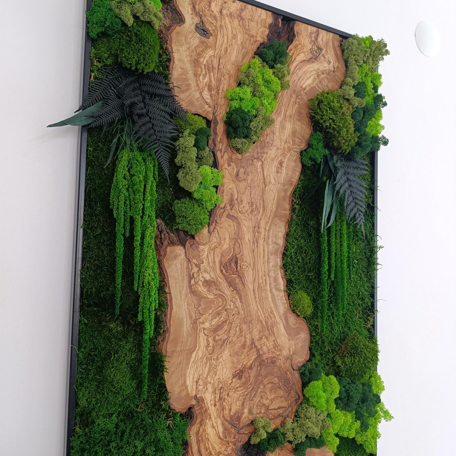 Moss and Wood Wall Art – Rustic Greenery Decor for Home & Office, Custom Olive Wood Moss Art