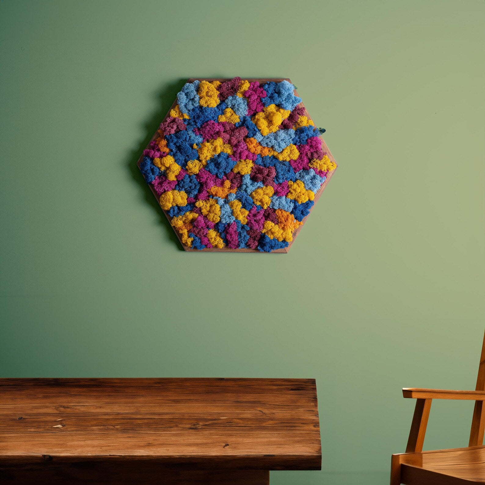 Honeycomb Moss Wall Art – Preserved Colorful Moss in Wooden Hexagon Frame