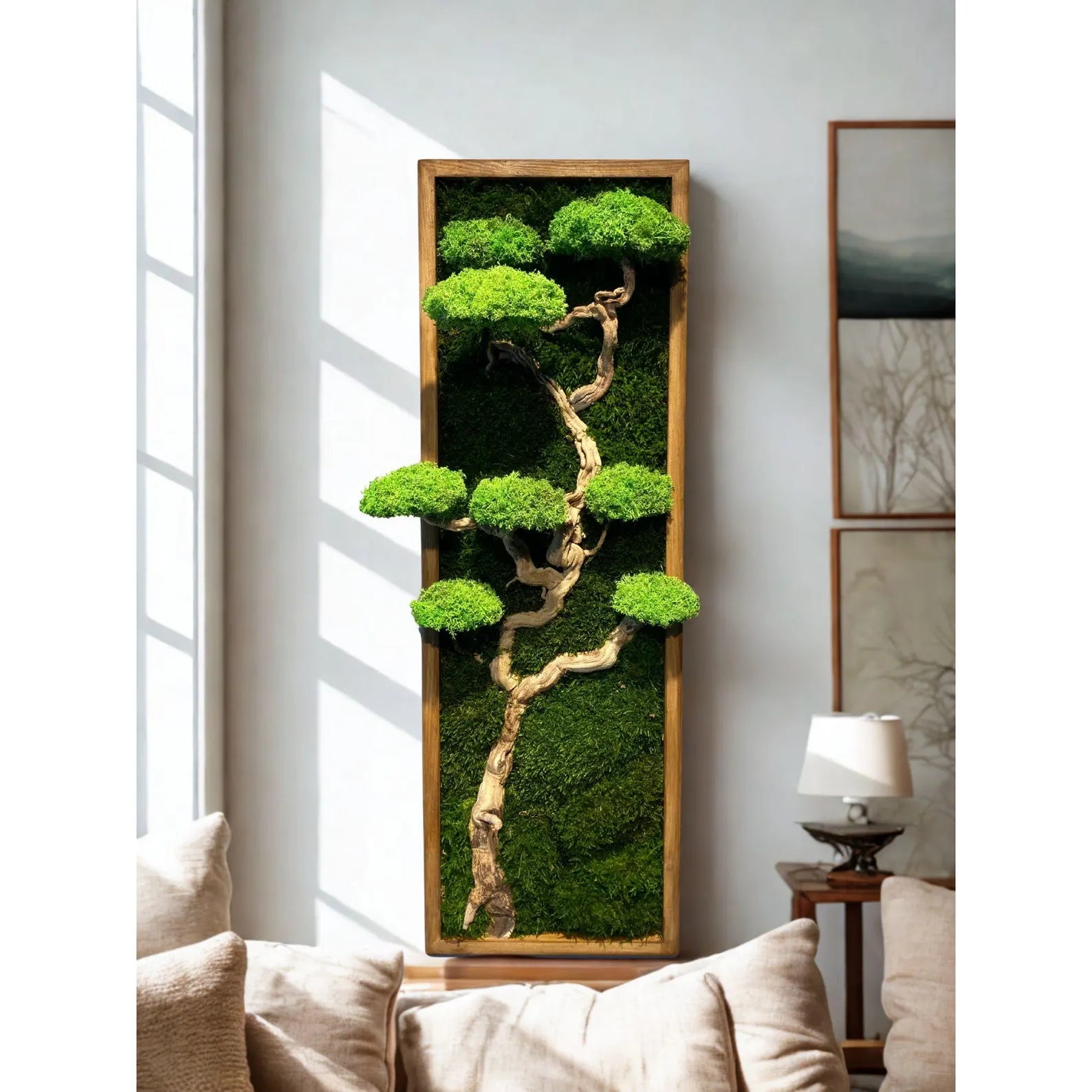 Preserved Moss Bonsai Wall Art – Driftwood Tree Sculpture | Japanese Zen Nature Decor Frame