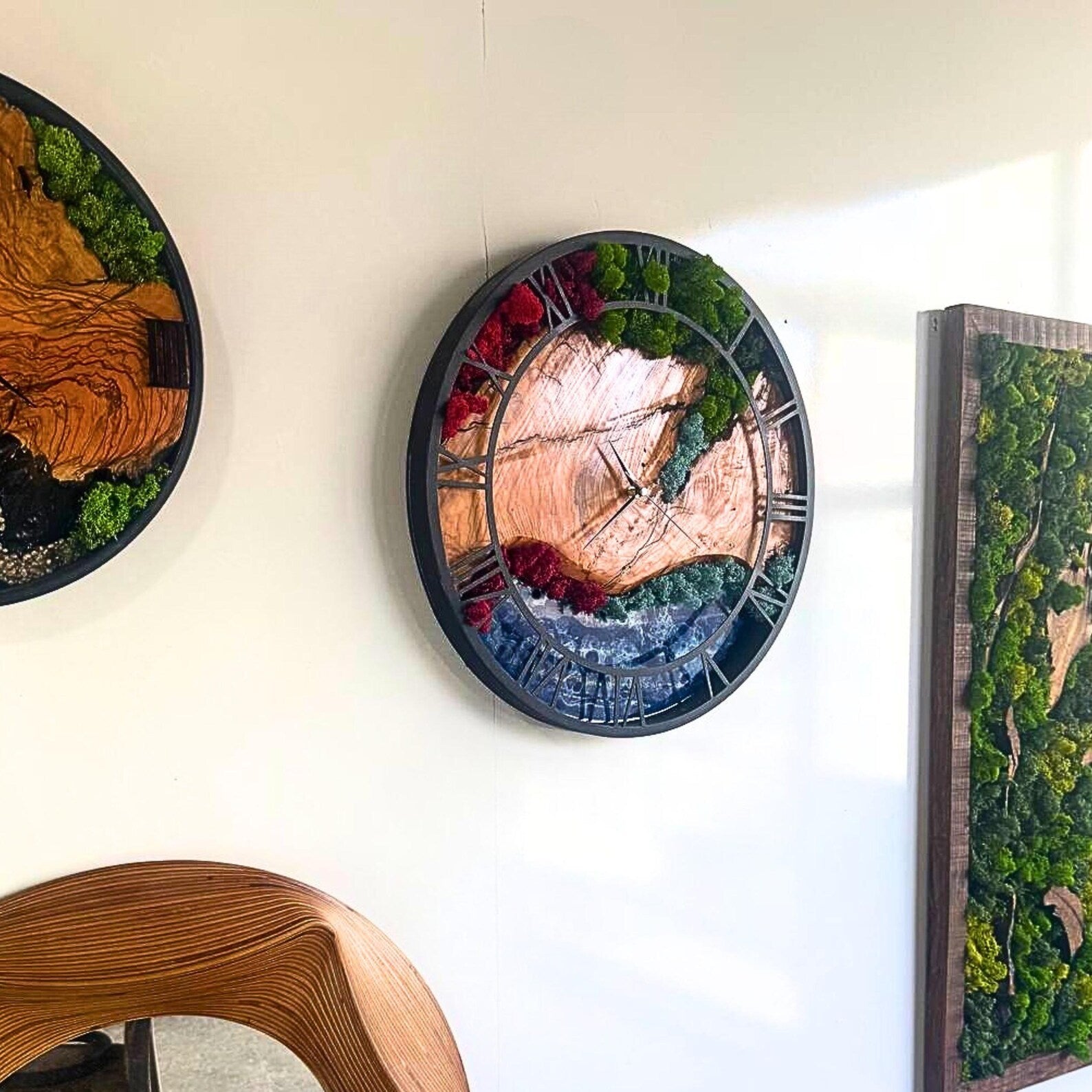 Epoxy & Moss Wall Clock – Large Resin Art Clock with Metal Frame and Olive Tree Design