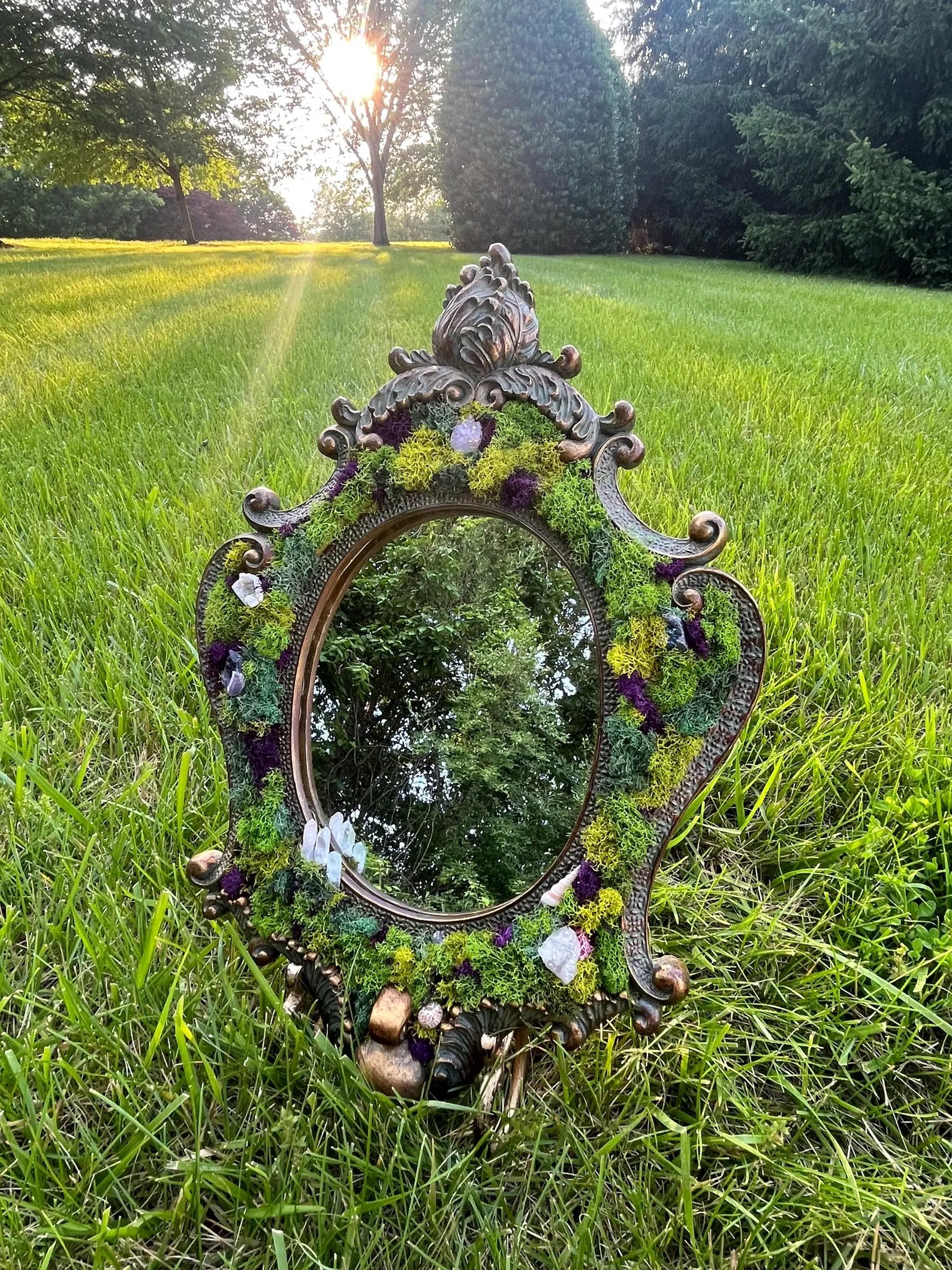 Fairycore Mossy Mirror with Crystals and Shells – Enchanted Home Accent