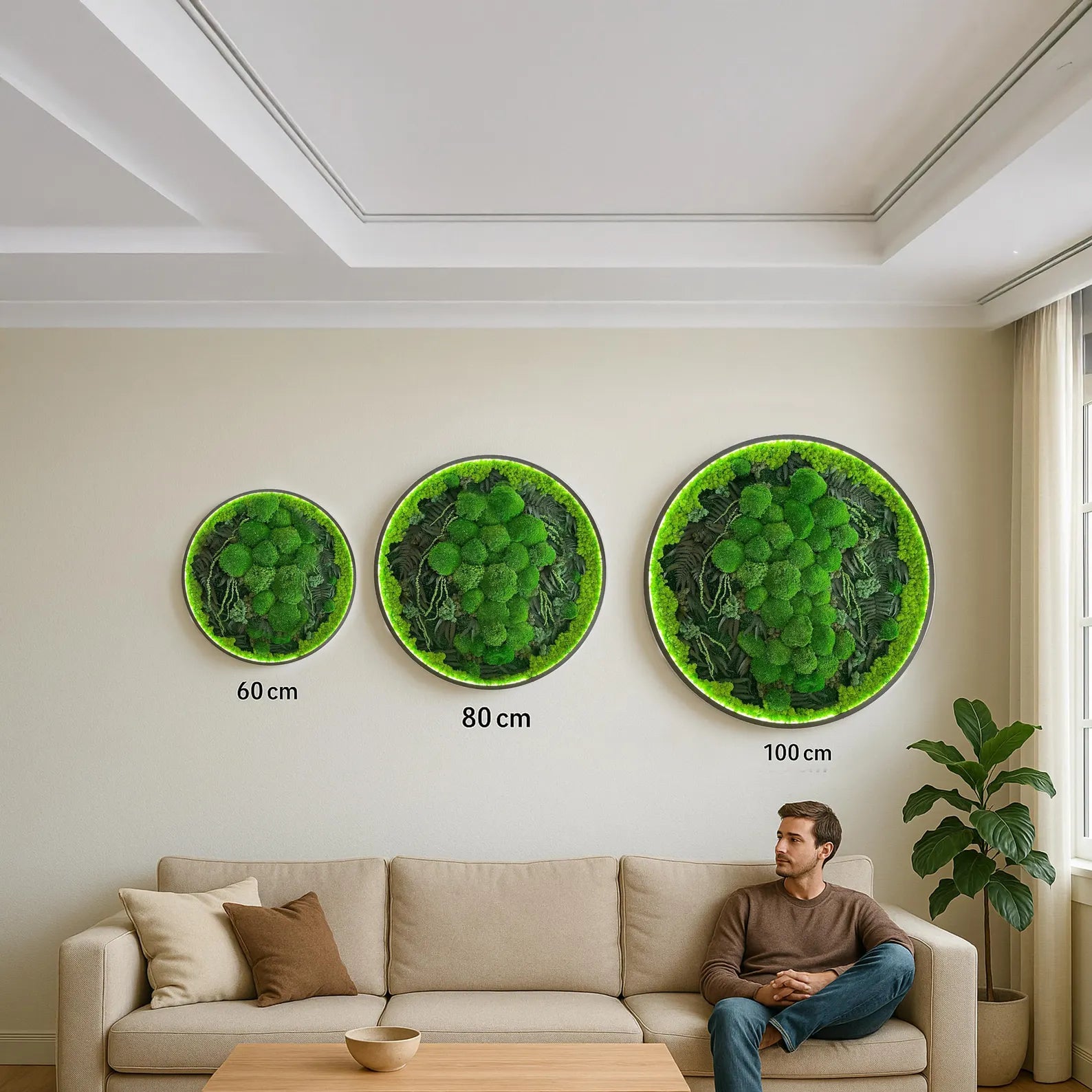 Large Round Moss Wall Art with LED – Green Preserved Moss Décor for Dining Room, Biophilic Design Wall Hanging