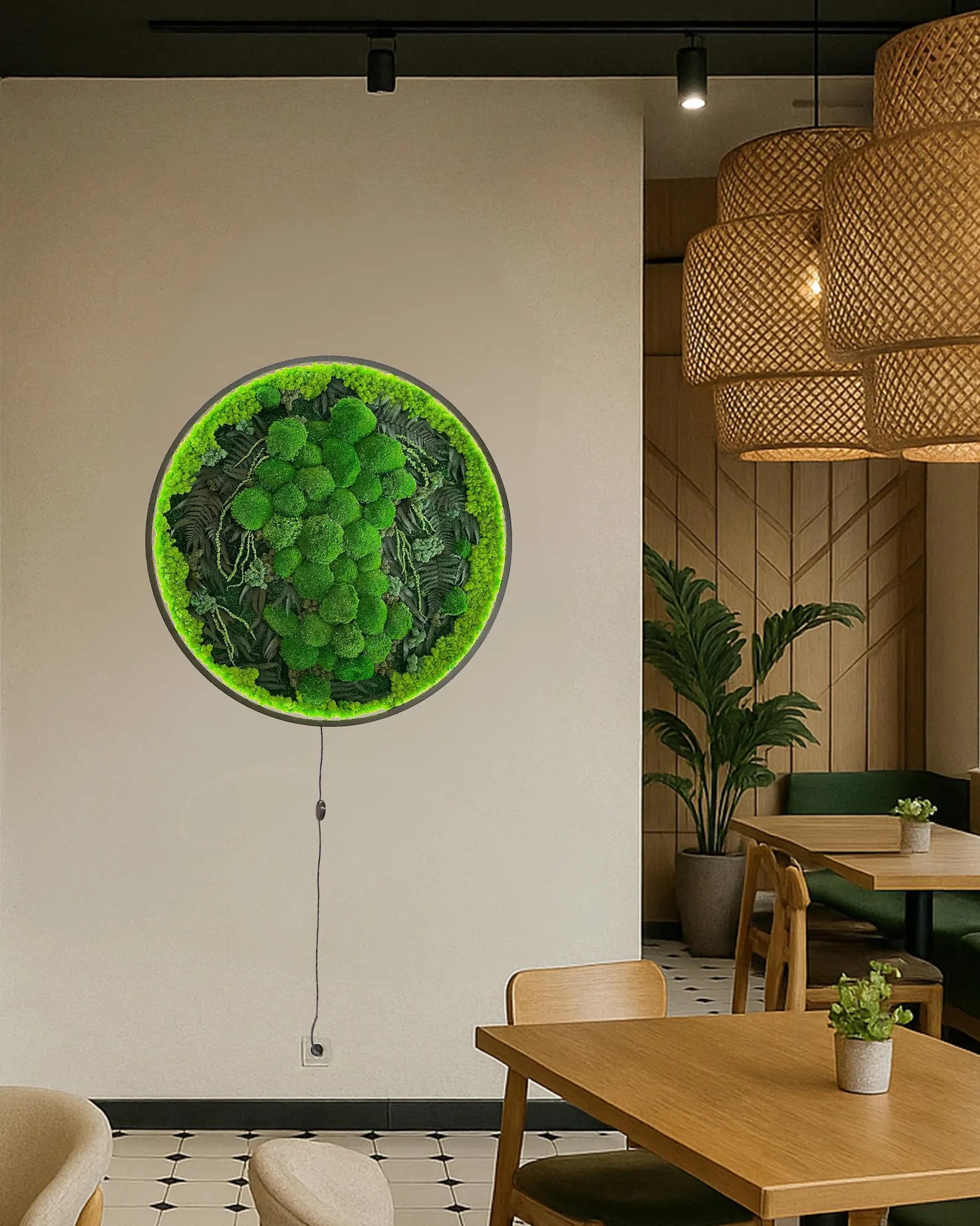 Large Round Moss Wall Art with LED – Green Preserved Moss Décor for Dining Room, Biophilic Design Wall Hanging