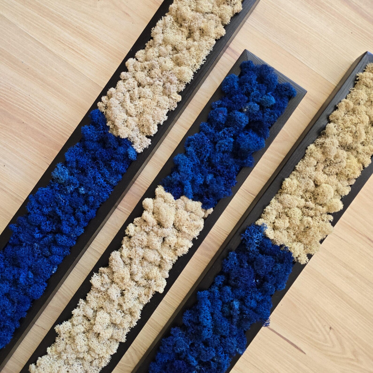 Set of 3 Preserved Moss Wall Panels – Blue & Beige Scandinavian Wall Art