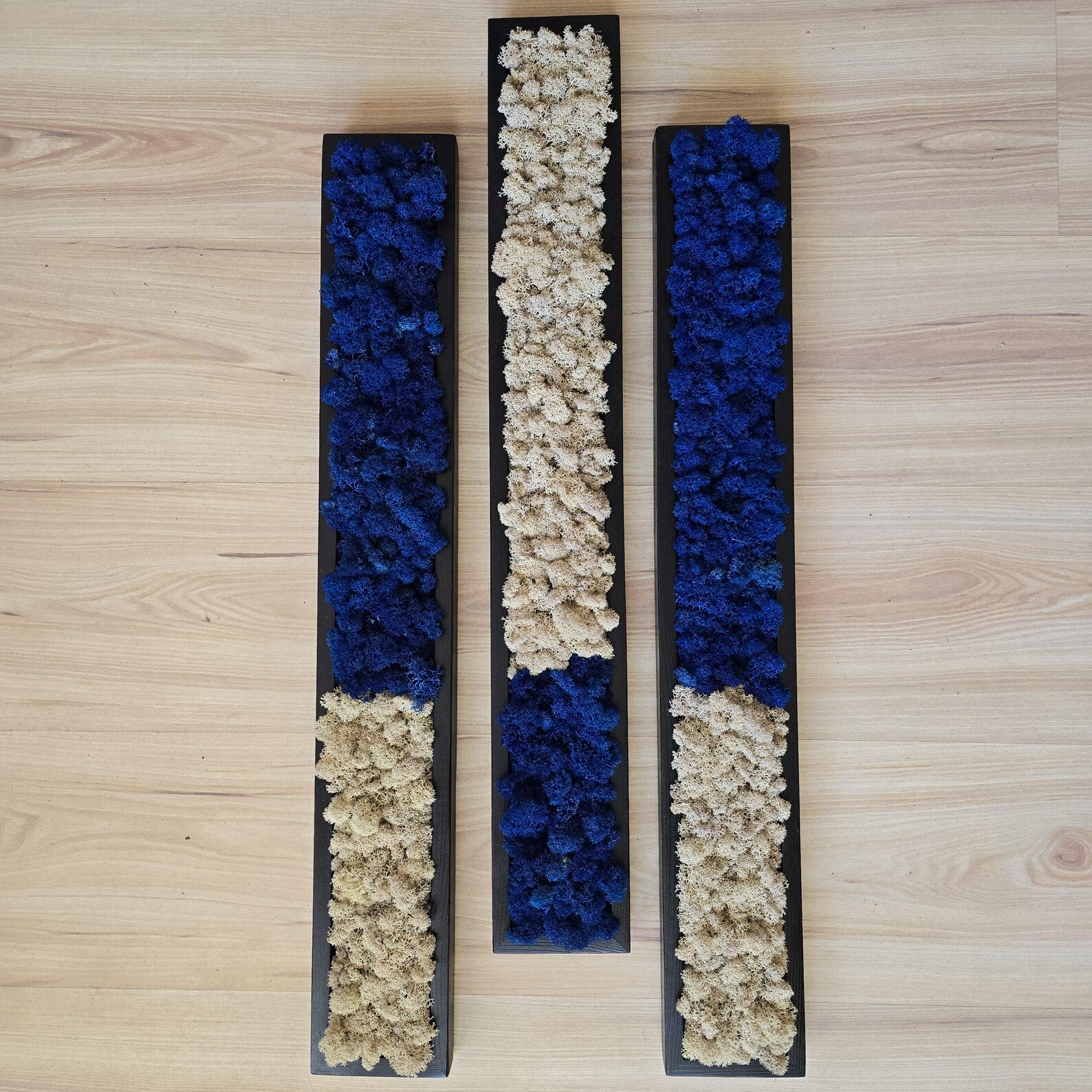 Set of 3 Preserved Moss Wall Panels – Blue & Beige Scandinavian Wall Art