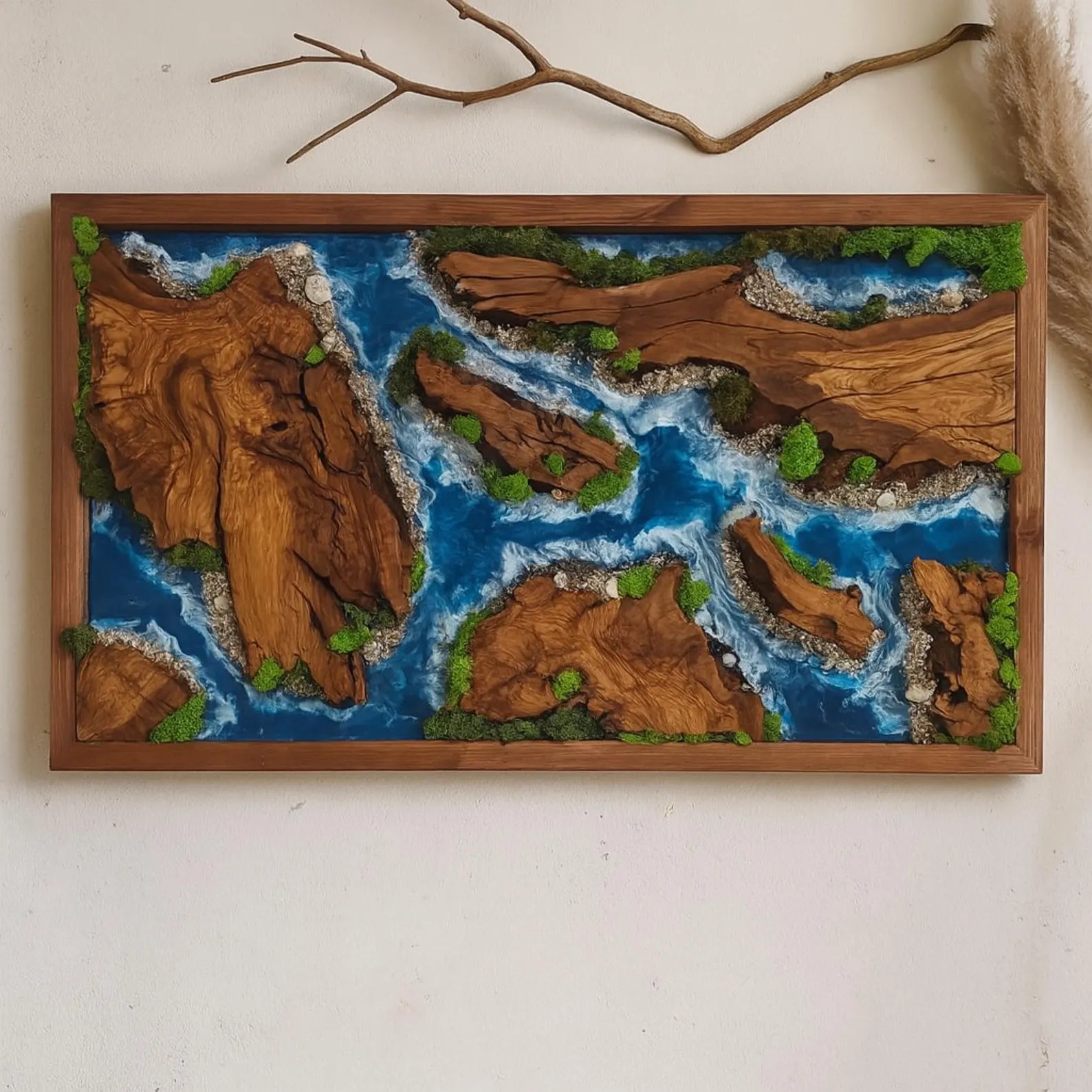 Epoxy Wood & Moss Wall Art – Unique Resin River Design for Modern Home Decor