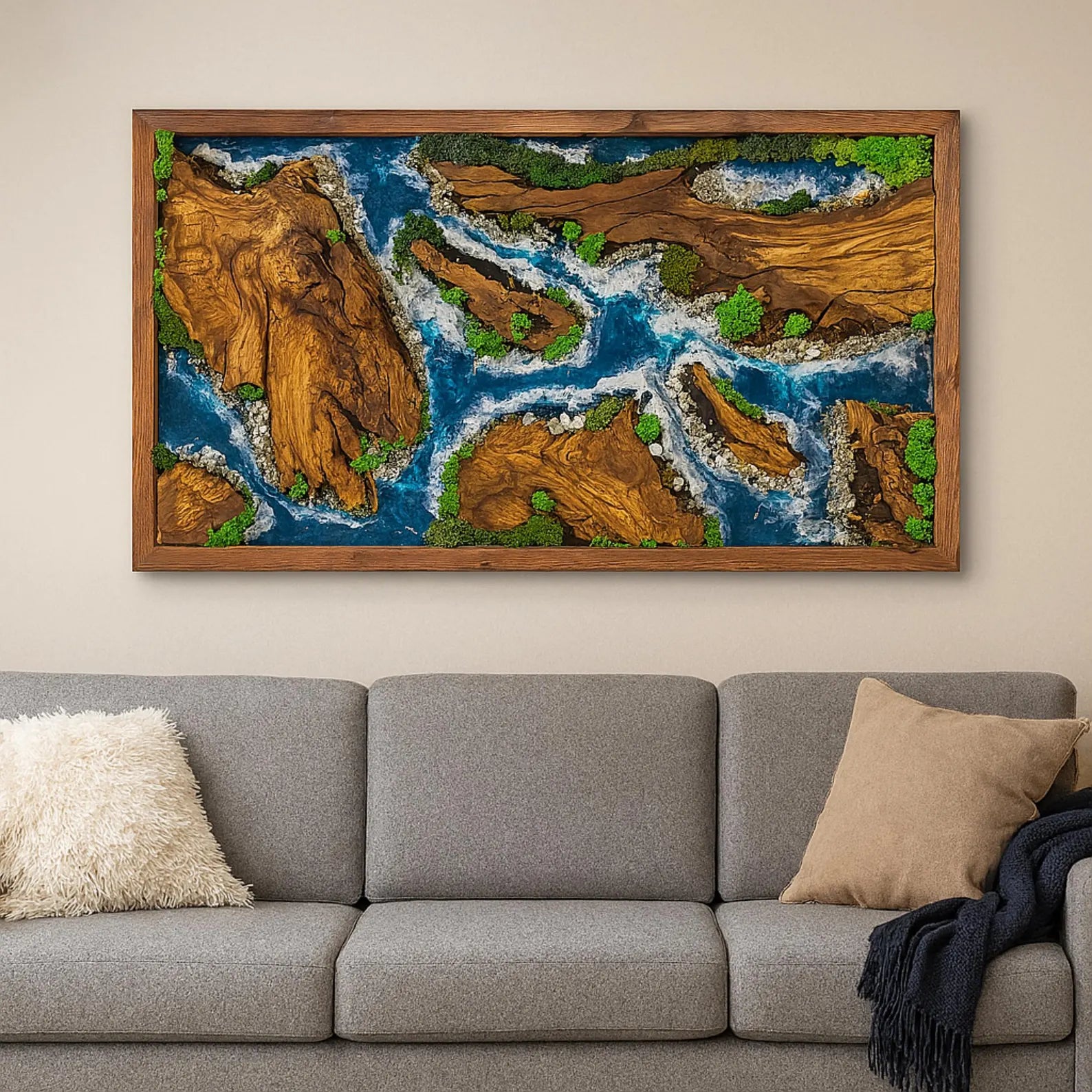 Epoxy Wood & Moss Wall Art – Unique Resin River Design for Modern Home Decor