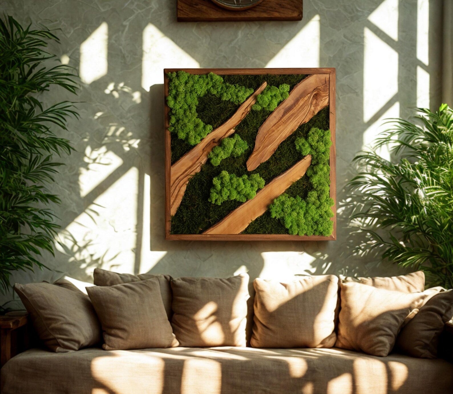 Moss and Olive Wood Wall Art – Square Wooden Frame with Preserved Moss for Farmhouse & Home Décor