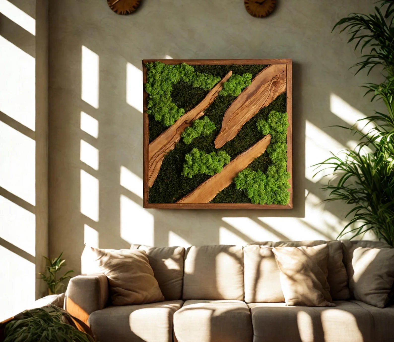 Moss and Olive Wood Wall Art – Square Wooden Frame with Preserved Moss for Farmhouse & Home Décor
