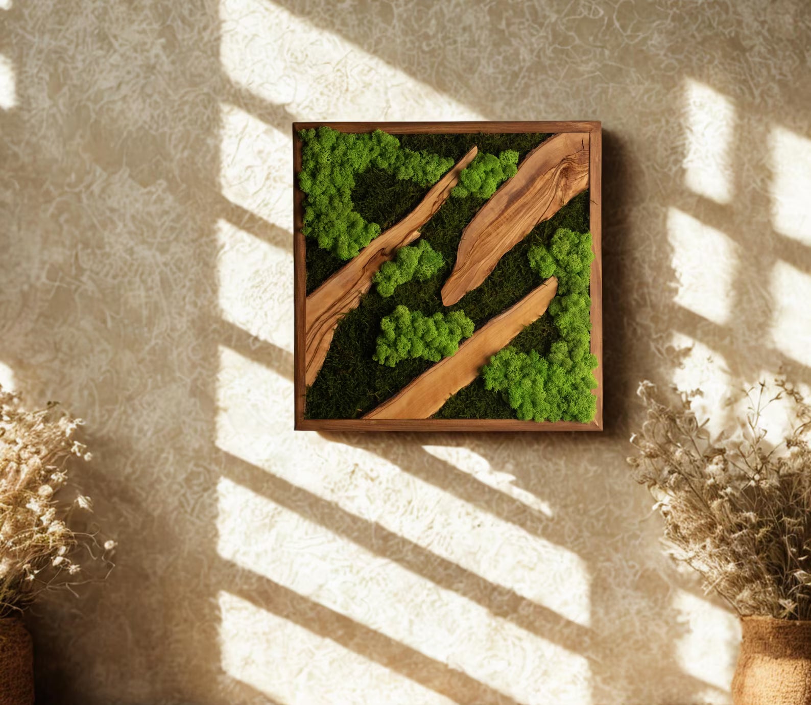 Moss and Olive Wood Wall Art – Square Wooden Frame with Preserved Moss for Farmhouse & Home Décor