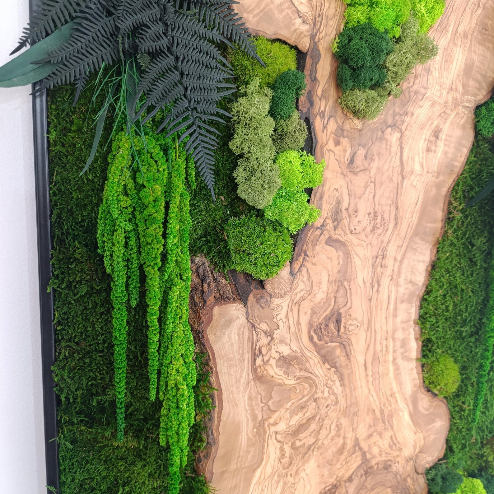 Moss and Wood Wall Art – Rustic Greenery Decor for Home & Office, Custom Olive Wood Moss Art
