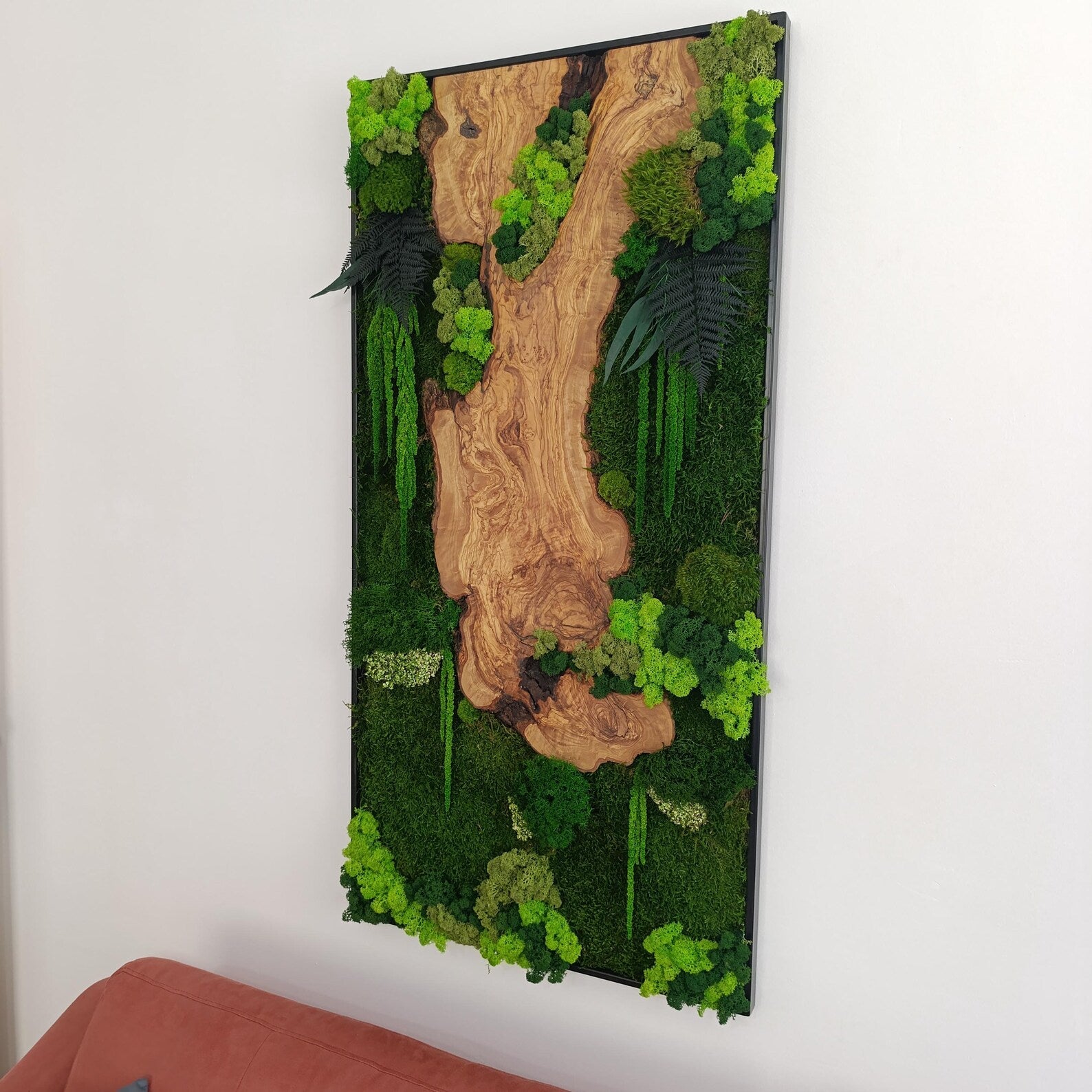 Moss and Wood Wall Art – Rustic Greenery Decor for Home & Office, Custom Olive Wood Moss Art