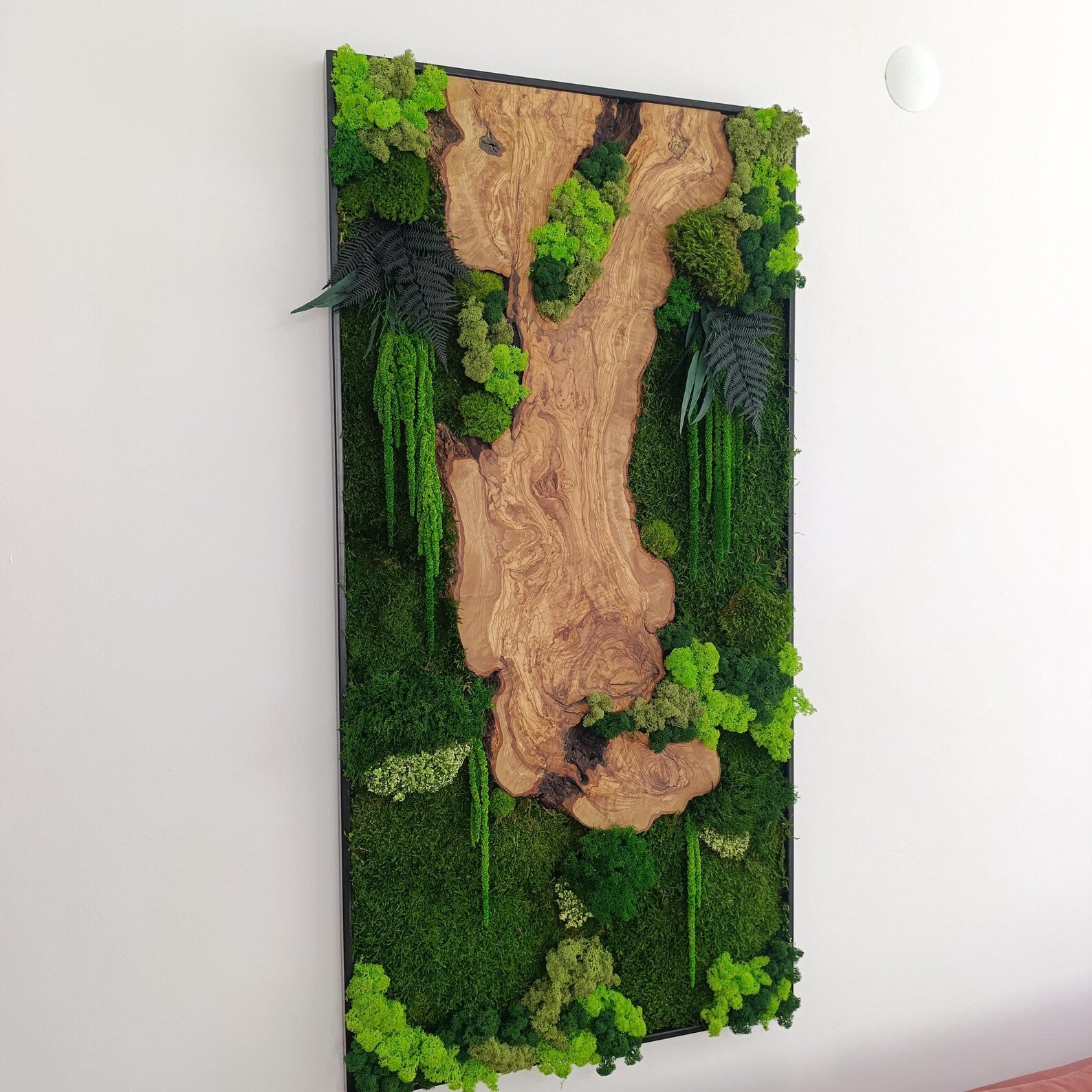 Moss and Wood Wall Art – Rustic Greenery Decor for Home & Office, Custom Olive Wood Moss Art